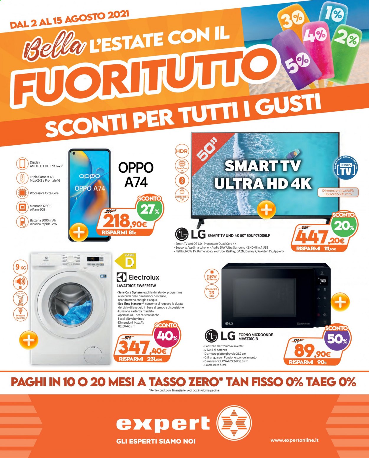 thumbnail - Volantino Expert - 2/8/2021 - 15/8/2021 - Prodotti in offerta - LG, Apple, OPPO, Smart TV, Ultra HD, televisore, lavatrice. Pagina 1.