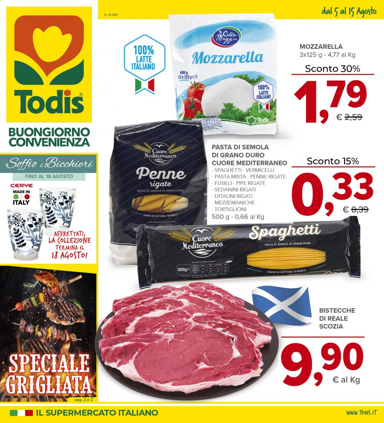 thumbnail - Volantino Todis - 5/8/2021 - 15/8/2021 - Prodotti in offerta - bistecca, formaggio, mozzarella, spaghetti, pasta, penne, vermicelli, fusilli. Pagina 1.