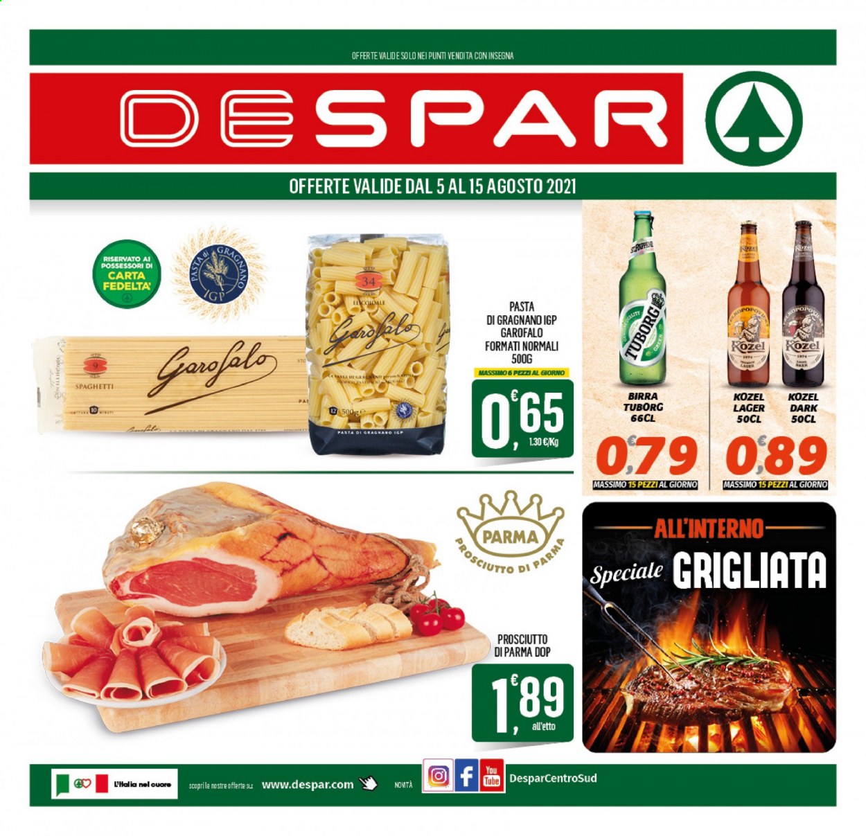 thumbnail - Volantino Despar - 5/8/2021 - 15/8/2021 - Prodotti in offerta - birra, Tuborg, birra tipo lager, Kozel, prosciutto, Prosciutto di Parma, Garofalo, spaghetti, pasta. Pagina 1.