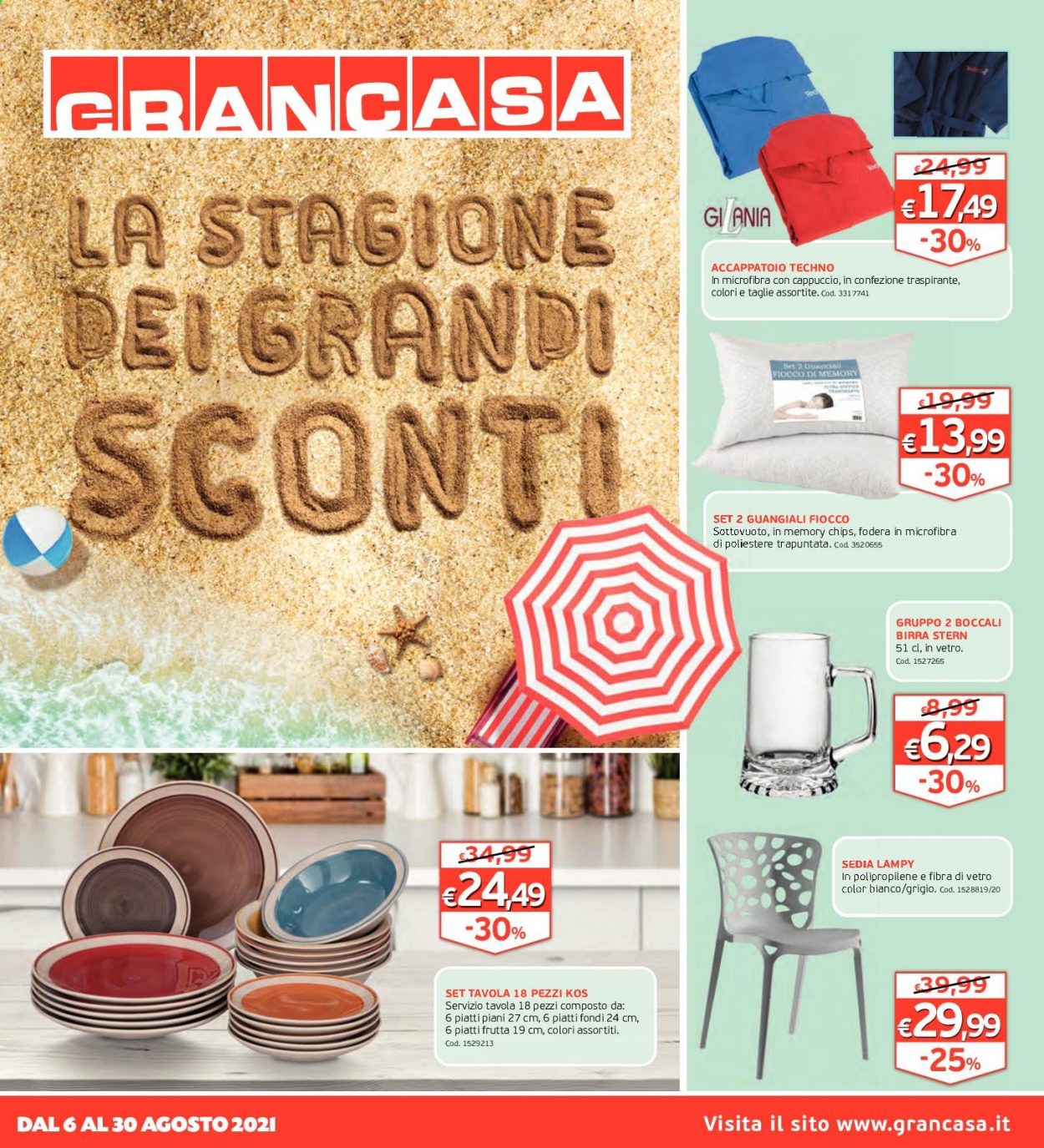 thumbnail - Volantino Grancasa - 6/8/2021 - 30/8/2021 - Prodotti in offerta - servizio tavola, piatti, accappatoio, sedia. Pagina 1.