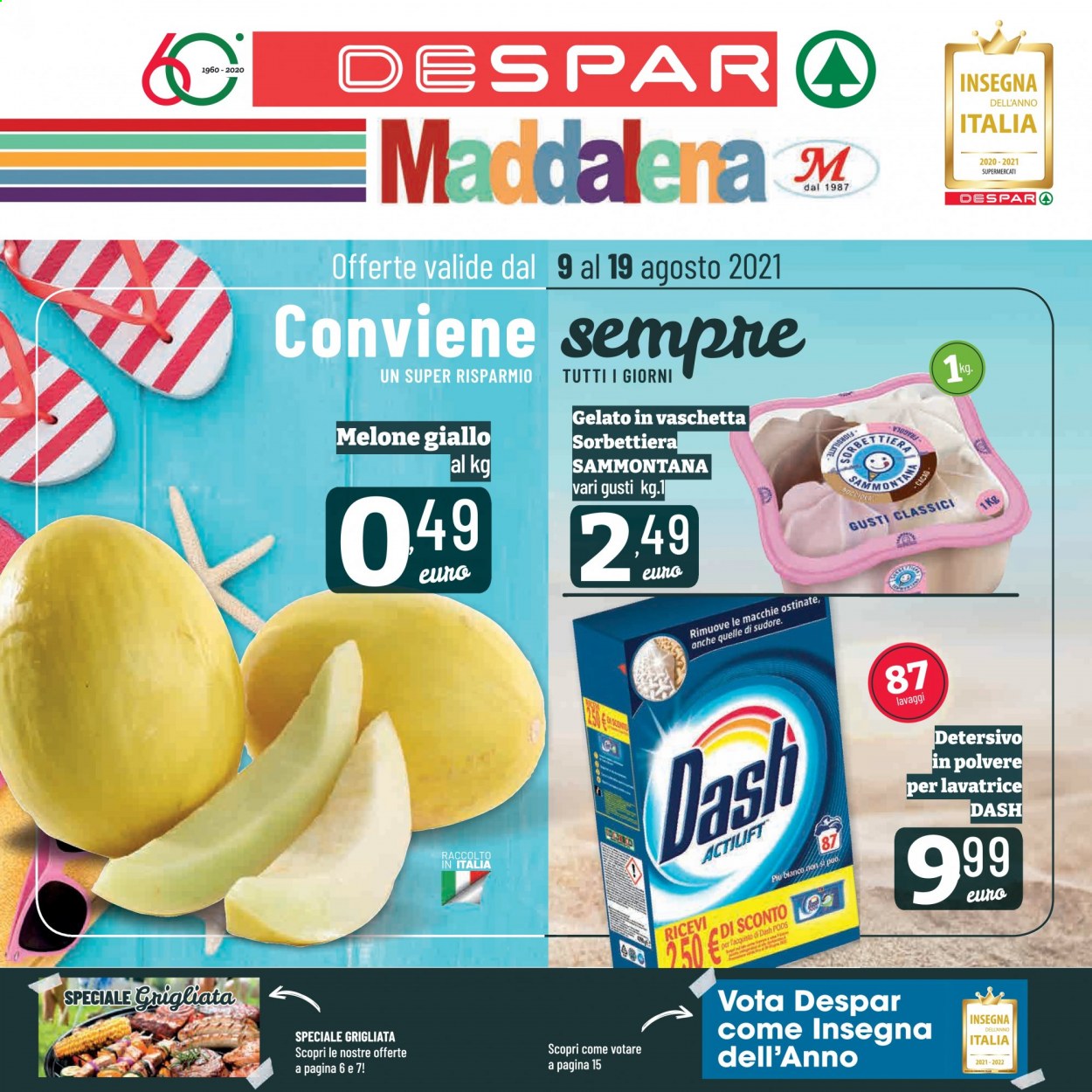 thumbnail - Volantino Despar - 9/8/2021 - 19/8/2021 - Prodotti in offerta - melone, melone giallo, gelato, Sammontana, detersivo per lavatrice, Dash, detersivo per lavatrice in polvere. Pagina 1.