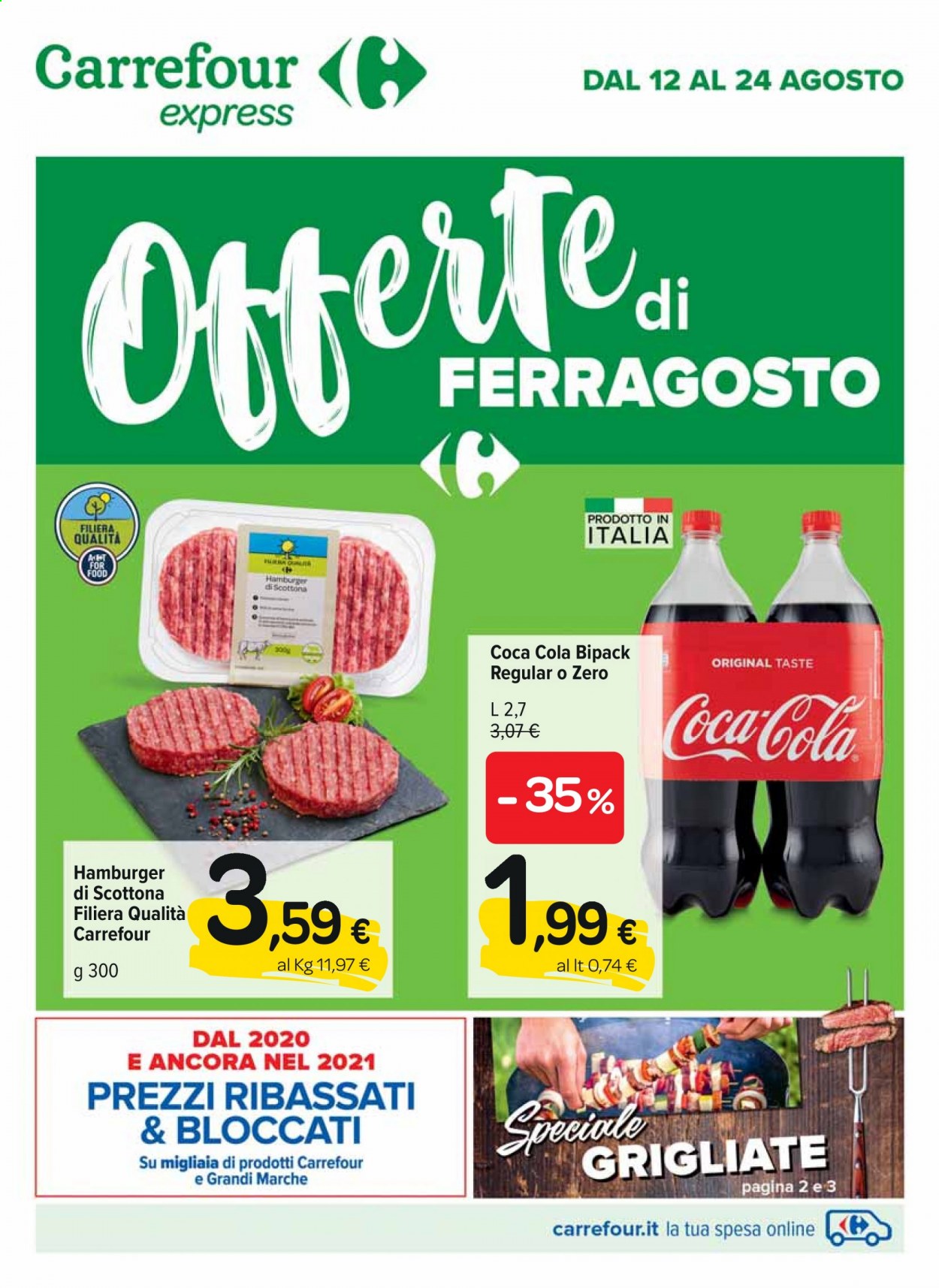 thumbnail - Volantino Carrefour - 12/8/2021 - 24/8/2021 - Prodotti in offerta - scottona, hamburger, Coca Cola, bibita gassata. Pagina 1.