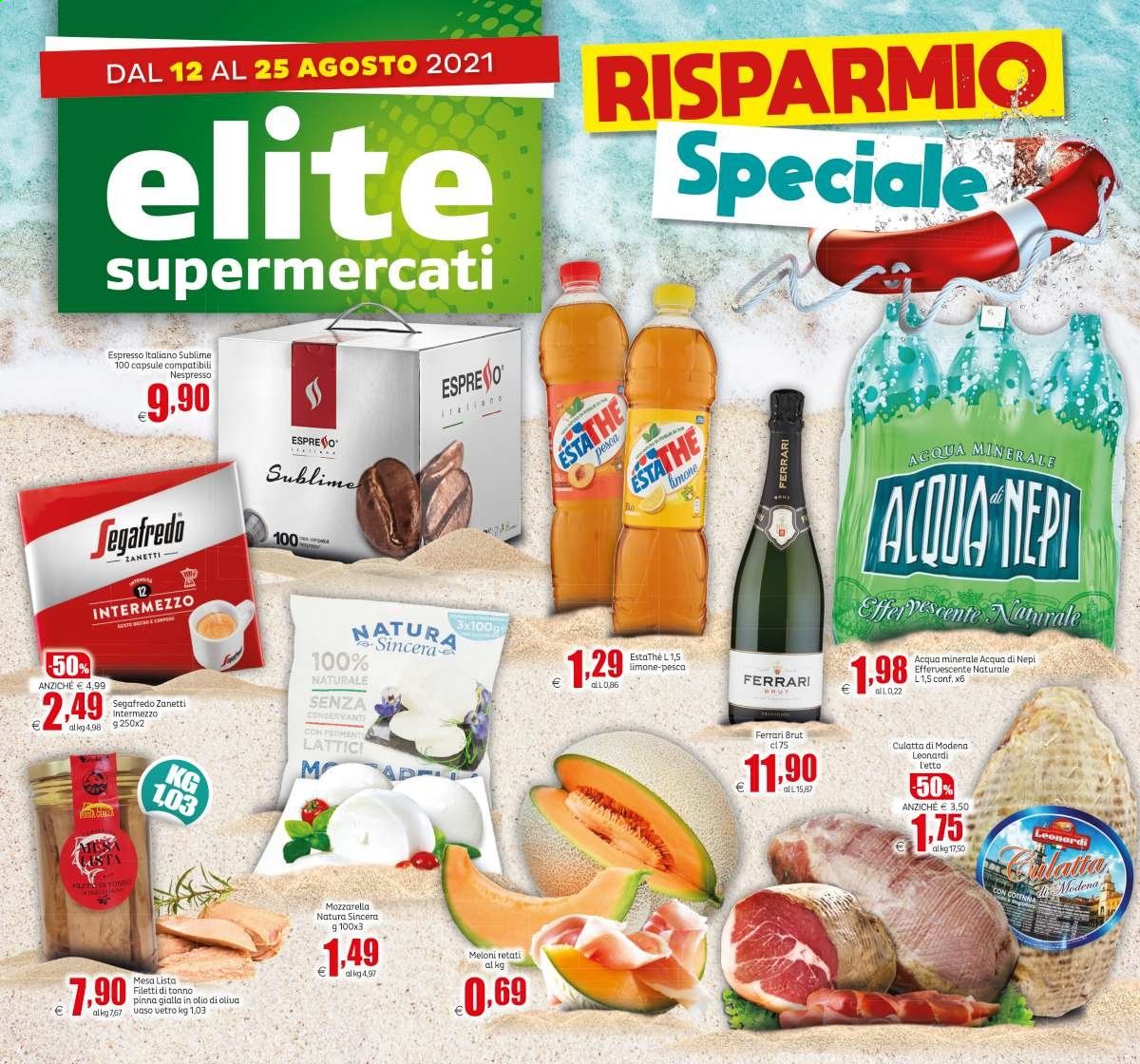 thumbnail - Volantino Elite Supermercati - 12/8/2021 - 25/8/2021 - Prodotti in offerta - tonno, Estathé, tè freddo, acqua minerale, Segafredo, caffè in capsule. Pagina 1.