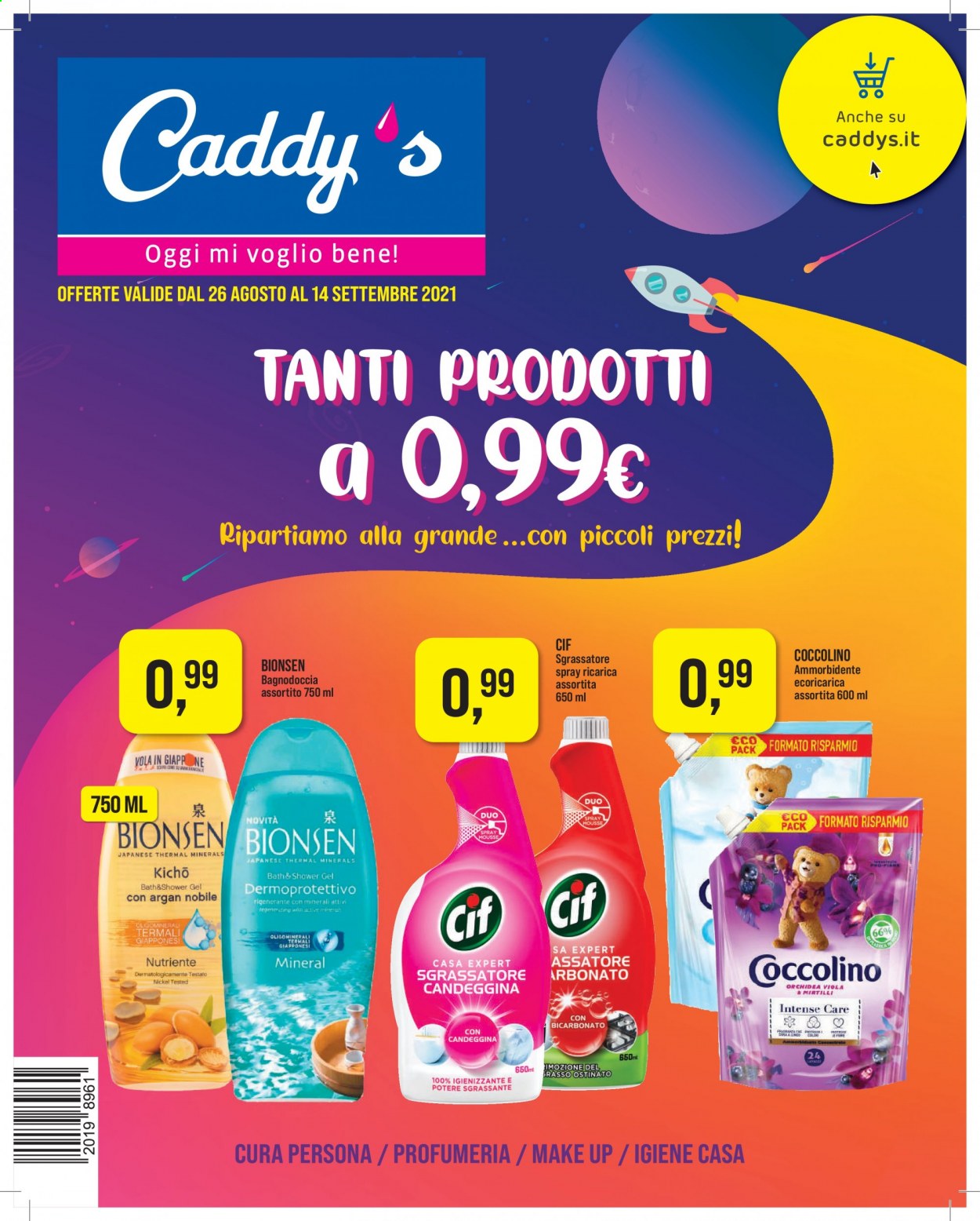 thumbnail - Volantino Caddy's - 26/8/2021 - 14/9/2021 - Prodotti in offerta - Cif, sgrassatore, igienizzante, ammorbidente, Coccolino, gel doccia, argan. Pagina 1.