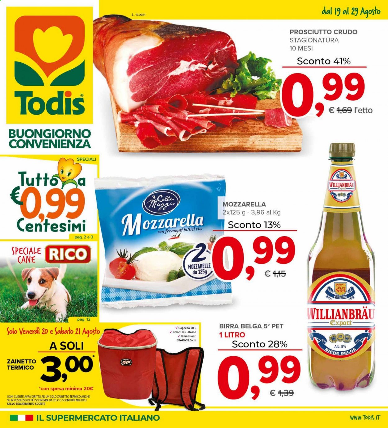 thumbnail - Volantino Todis - 19/8/2021 - 29/8/2021 - Prodotti in offerta - birra, prosciutto, prosciutto crudo, formaggio, mozzarella. Pagina 1.