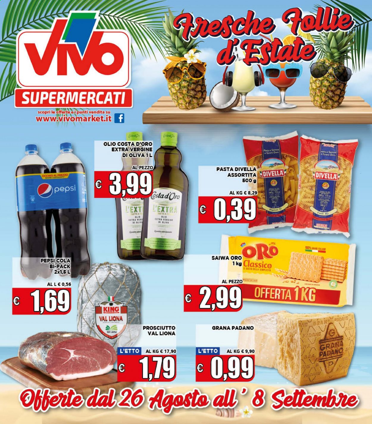 thumbnail - Volantino Supermercati VIVO - 26/8/2021 - 8/9/2021 - Prodotti in offerta - Divella, prosciutto, formaggio, Grana Padano, pasta, olio, Pepsi, bibita gassata. Pagina 1.