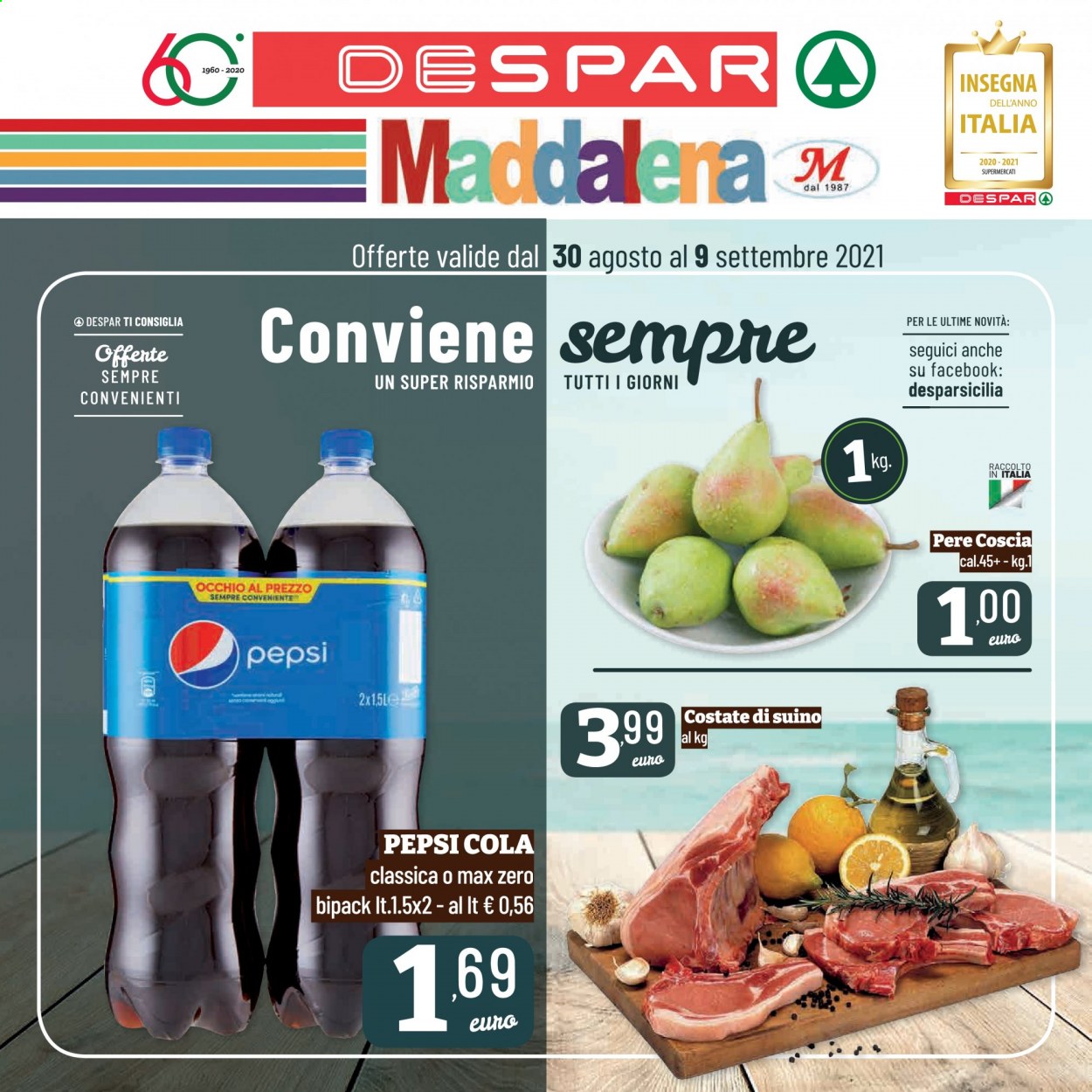 thumbnail - Volantino Despar - 30/8/2021 - 9/9/2021 - Prodotti in offerta - pere, costata di suino, suino, Pepsi, bibita gassata. Pagina 1.