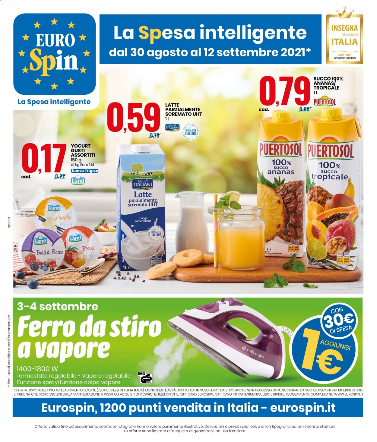 thumbnail - Volantino EuroSpin - 30/8/2021 - 12/9/2021 - Prodotti in offerta - yogurt, latte, succo, ferro da stiro, ferro da stiro a vapore. Pagina 1.