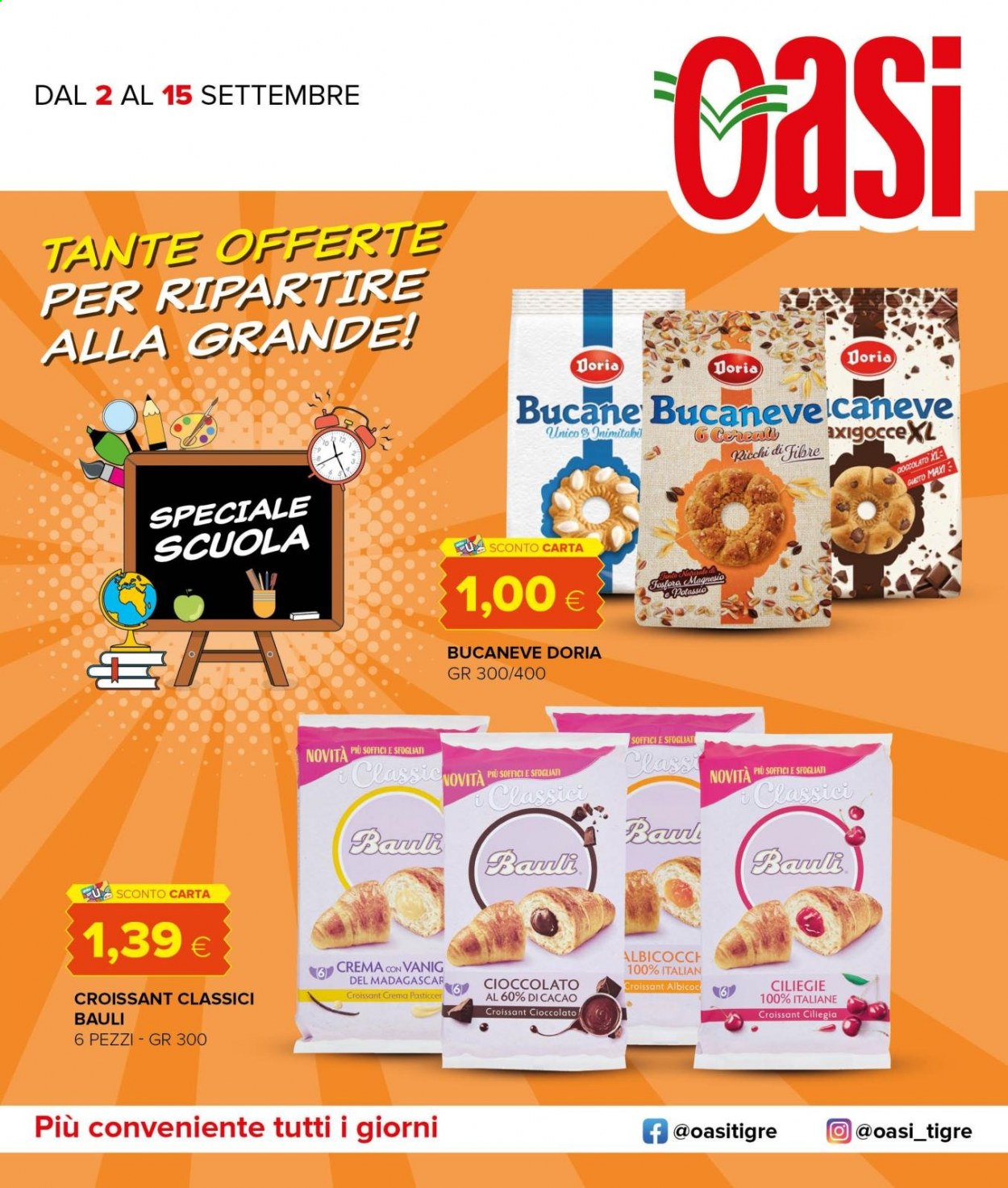 thumbnail - Volantino Oasi - 2/9/2021 - 15/9/2021 - Prodotti in offerta - Bauli, croissant, ciliegie, Doria, Magnesio. Pagina 1.