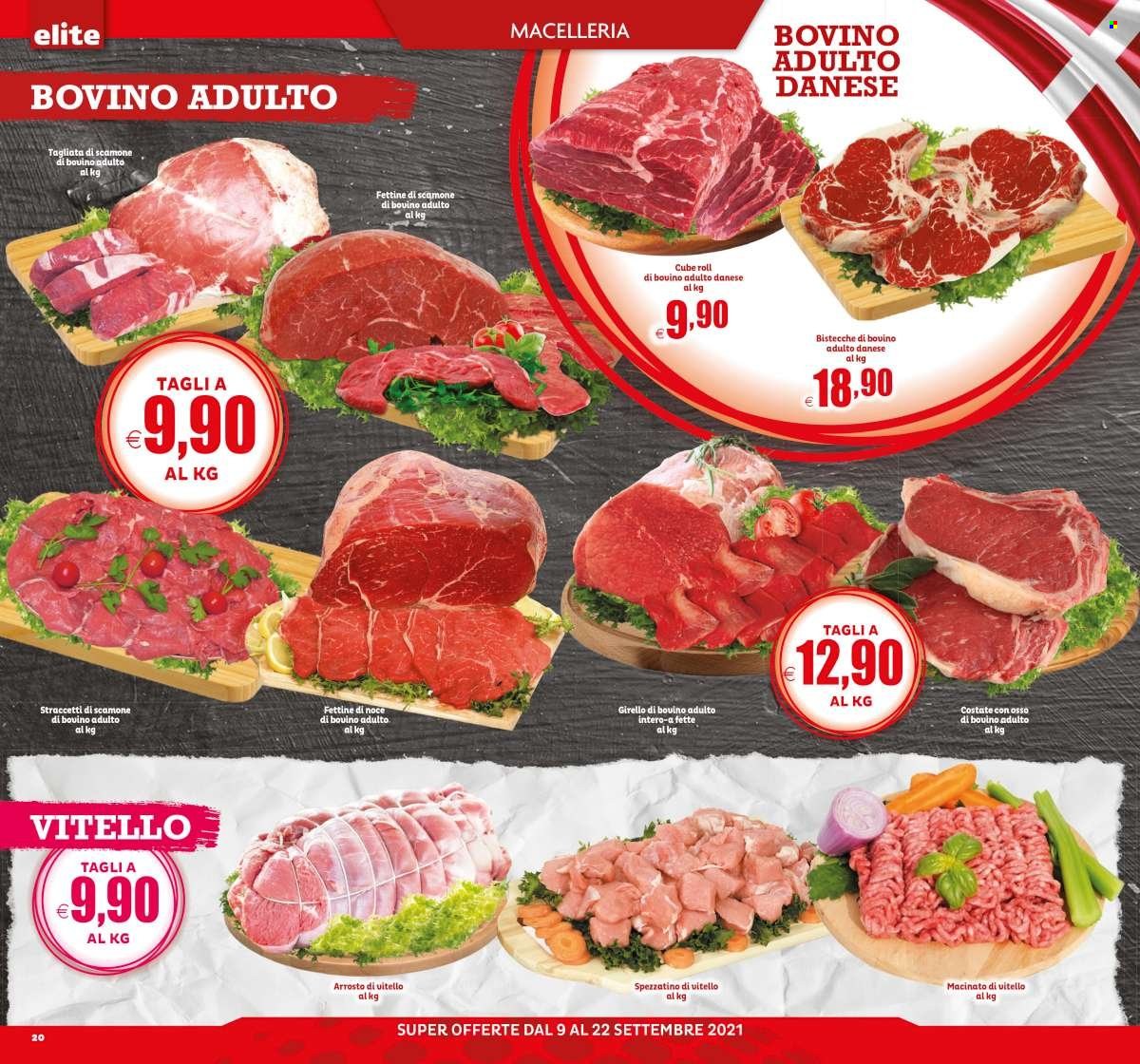thumbnail - Volantino Elite Supermercati - 9/9/2021 - 22/9/2021 - Prodotti in offerta - bistecca, spezzatino, manzo, vitello, tagliata, carne macinata. Pagina 20.