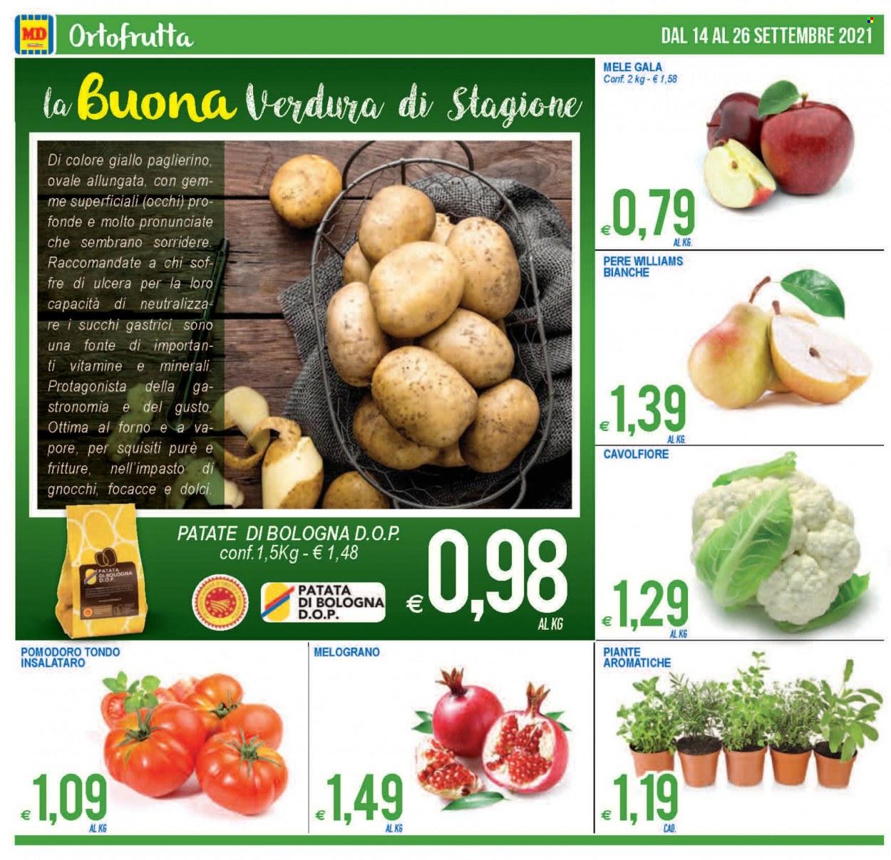 thumbnail - Volantino MD Discount - 14/9/2021 - 26/9/2021 - Prodotti in offerta - patate, cavolfiore, pomodori, mele, gnocchi, succo. Pagina 6.