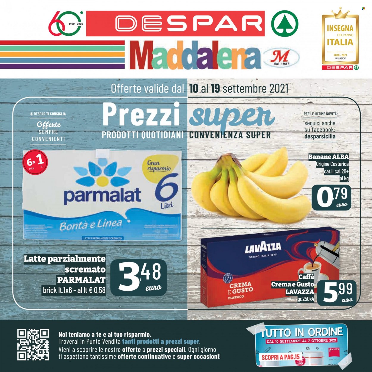 thumbnail - Volantino Despar - 10/9/2021 - 19/9/2021 - Prodotti in offerta - banane, Parmalat, latte, caffè, Lavazza. Pagina 1.
