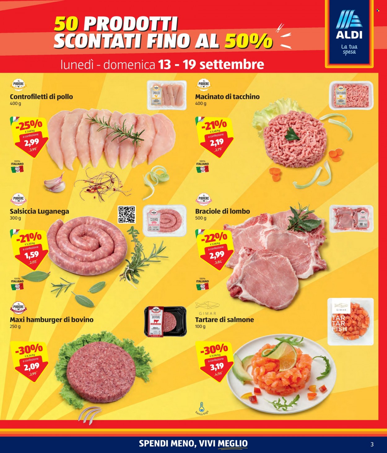 thumbnail - Volantino Aldi - 13/9/2021 - 19/9/2021 - Prodotti in offerta - controfiletti di pollo, salsiccia, carne macinata, hamburger, salmone, tartare di pesce. Pagina 3.