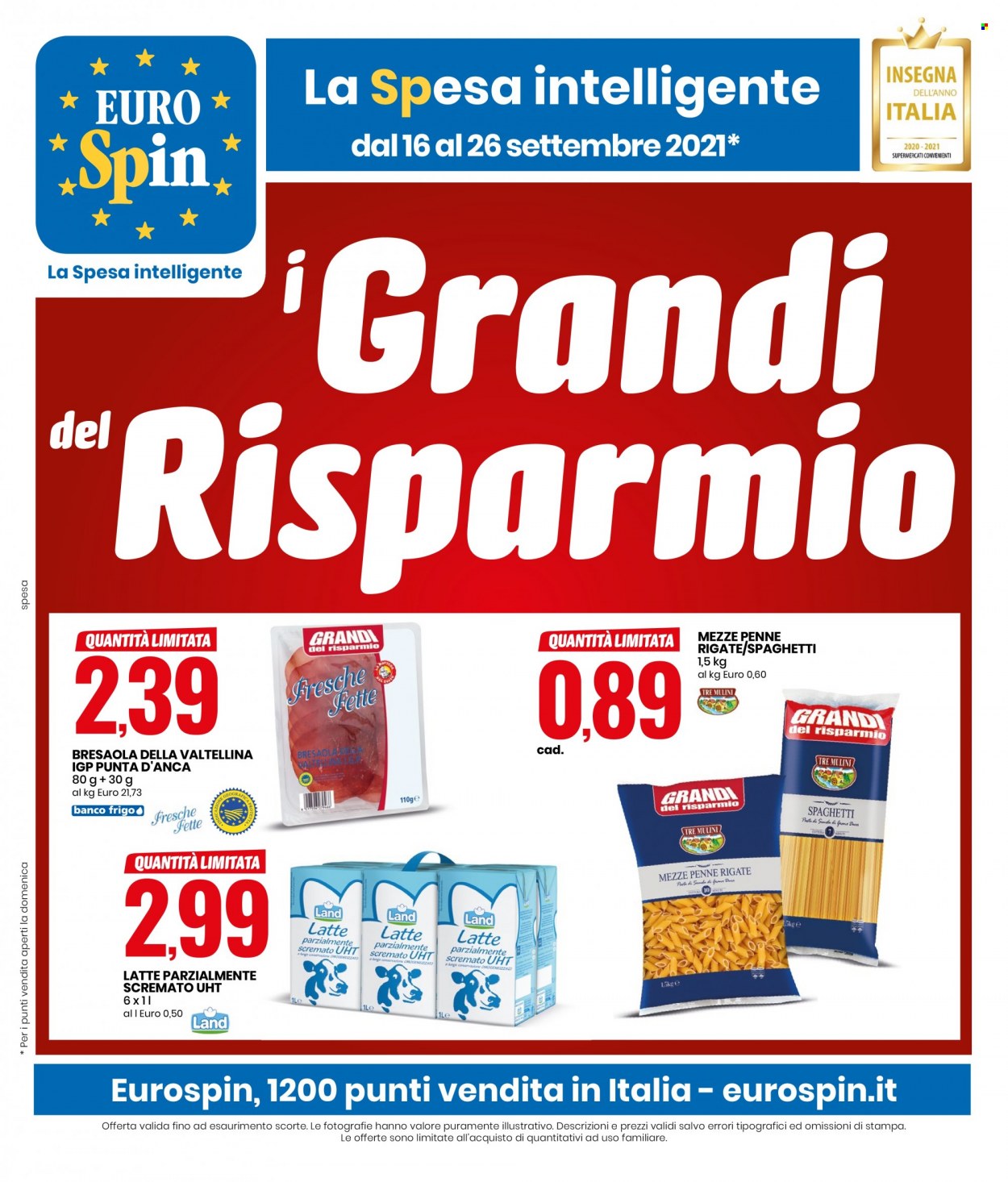 thumbnail - Volantino EuroSpin - 16/9/2021 - 26/9/2021 - Prodotti in offerta - bresaola, latte, spaghetti, penne. Pagina 1.