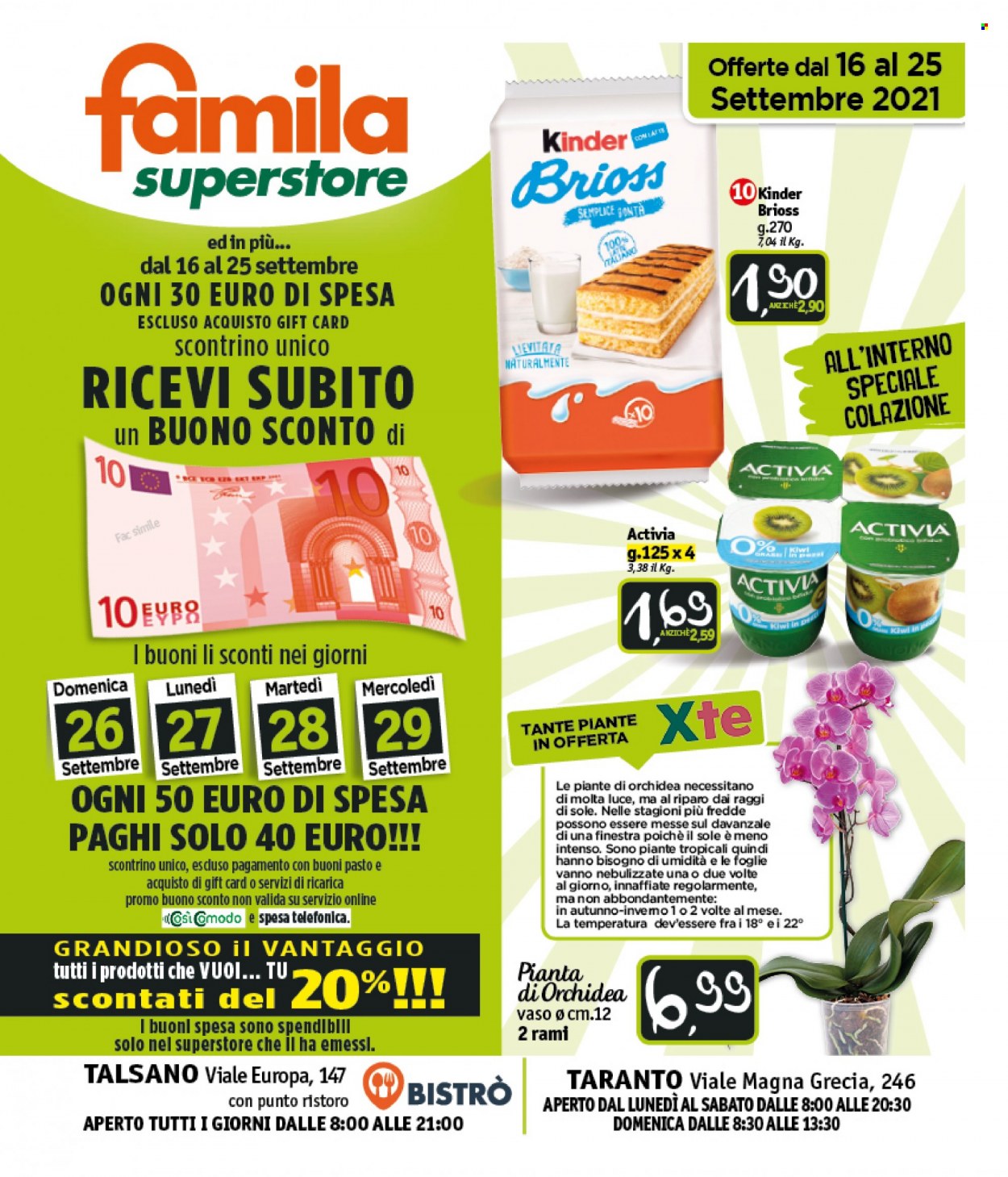 thumbnail - Volantino Famila - 16/9/2021 - 25/9/2021 - Prodotti in offerta - Kinder Brioss, Kinder, Activia, luce. Pagina 1.