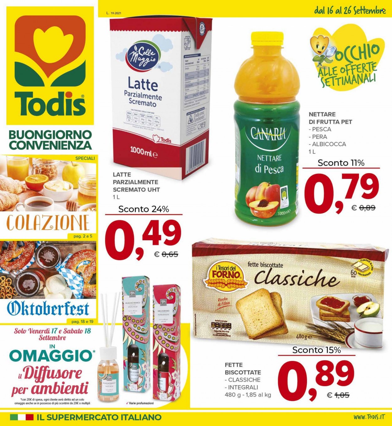 thumbnail - Volantino Todis - 16/9/2021 - 26/9/2021 - Prodotti in offerta - fette biscottate, latte, nettare, diffusore, forno. Pagina 1.