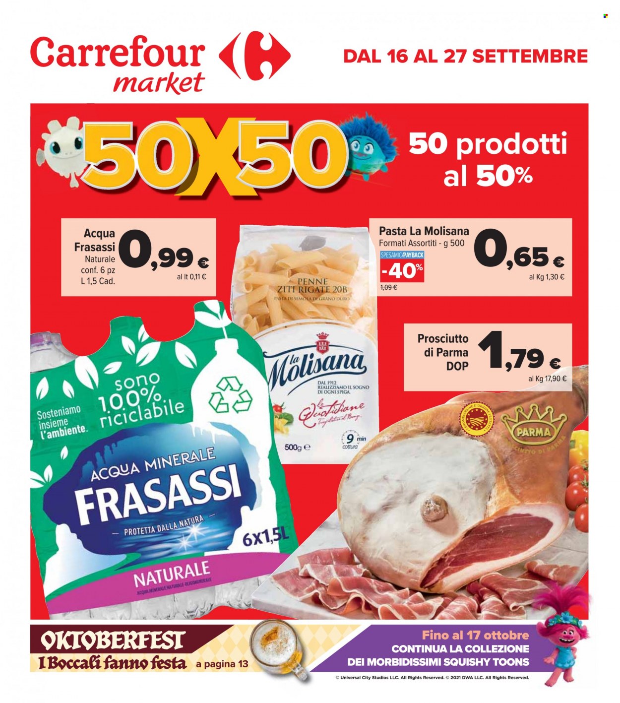 thumbnail - Volantino Carrefour - 16/9/2021 - 27/9/2021 - Prodotti in offerta - prosciutto, Prosciutto di Parma, pasta, penne, acqua minerale. Pagina 1.