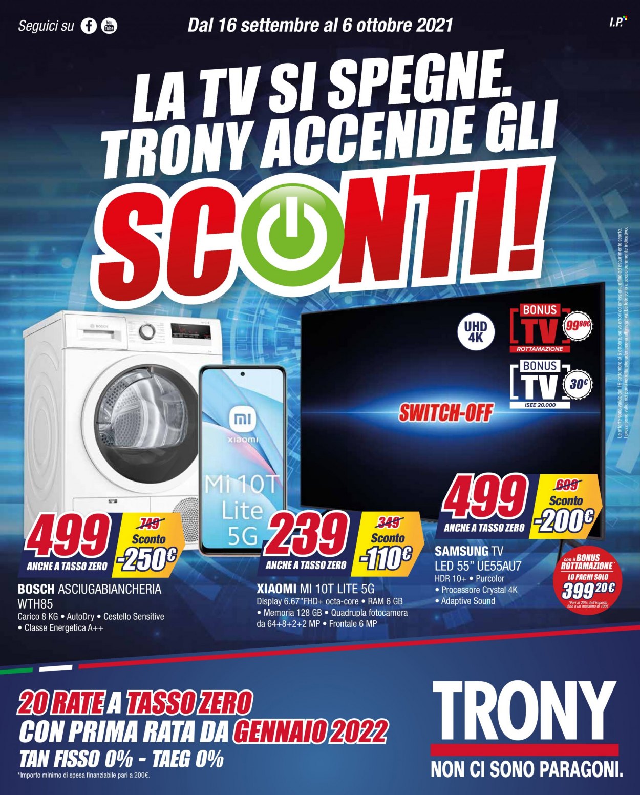 thumbnail - Volantino Trony - 16/9/2021 - 6/10/2021 - Prodotti in offerta - Samsung, televisore, Bosch, asciugabiancheria. Pagina 1.