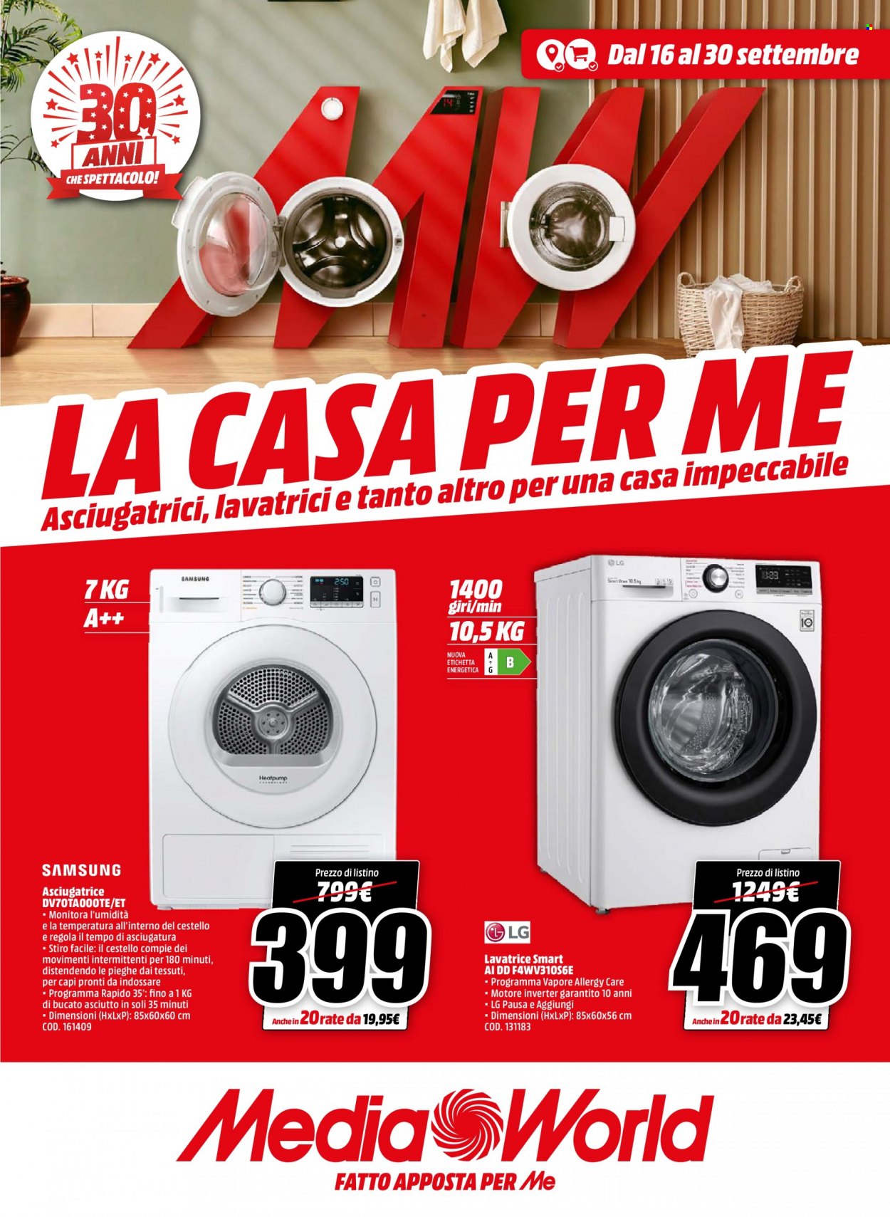 thumbnail - Volantino MediaWorld - 16/9/2021 - 30/9/2021 - Prodotti in offerta - LG, lavatrice, asciugatrice. Pagina 1.