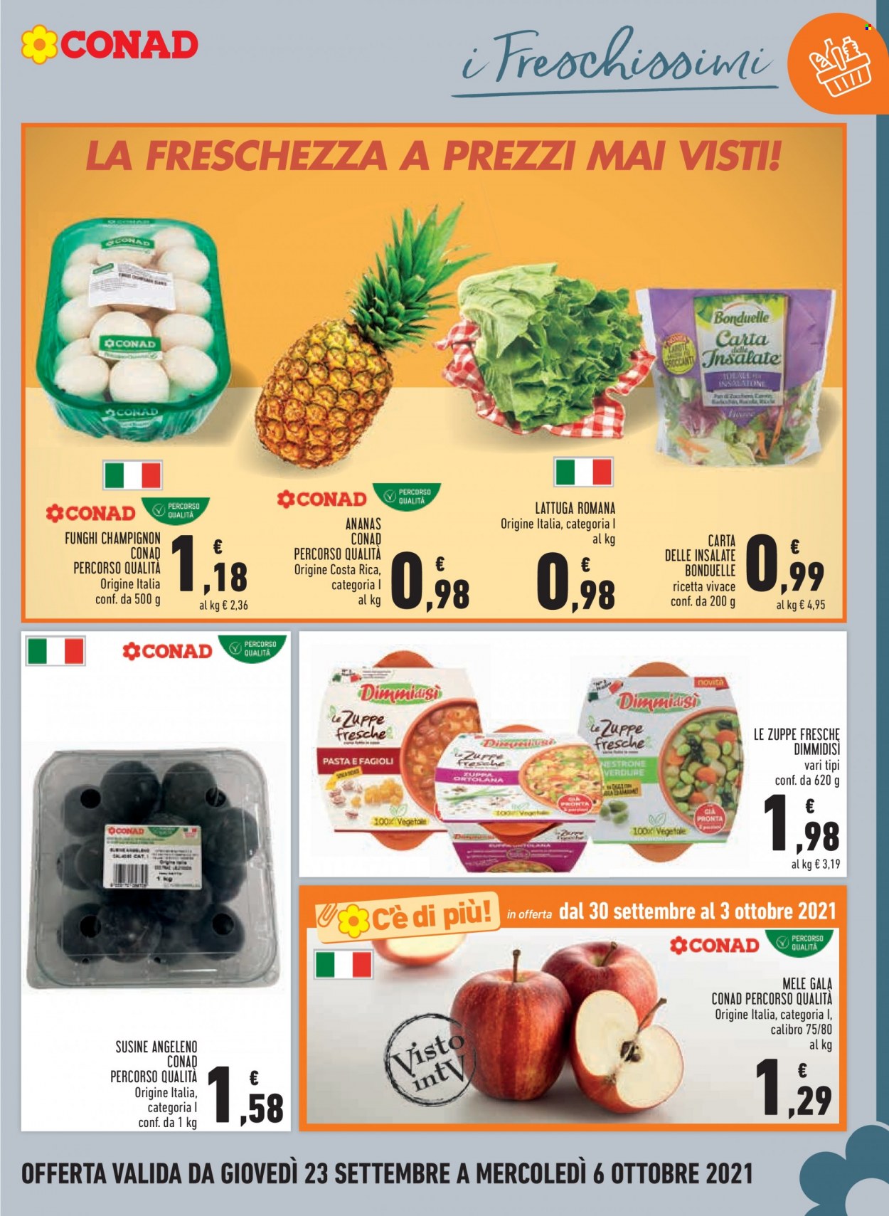 thumbnail - Volantino Conad - 23/9/2021 - 6/10/2021 - Prodotti in offerta - funghi champignon, Bonduelle, lattuga, lattuga romana, mele, ananas, susine. Pagina 3.