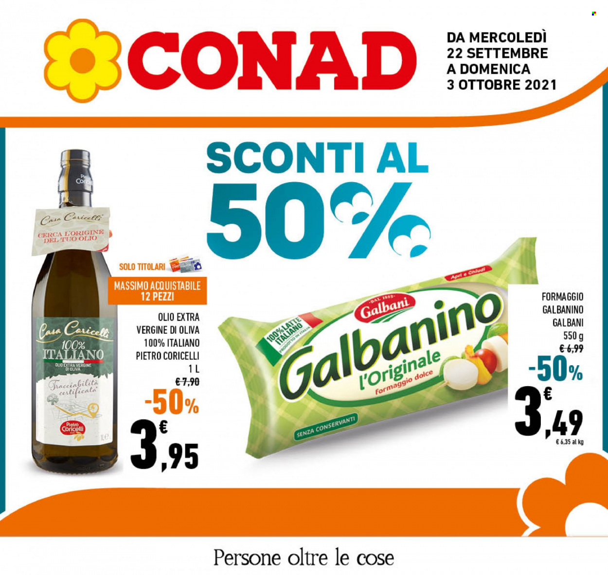 thumbnail - Volantino Conad - 22/9/2021 - 3/10/2021 - Prodotti in offerta - Galbani, formaggio, Galbanino, olio, olio extra vergine di oliva. Pagina 1.