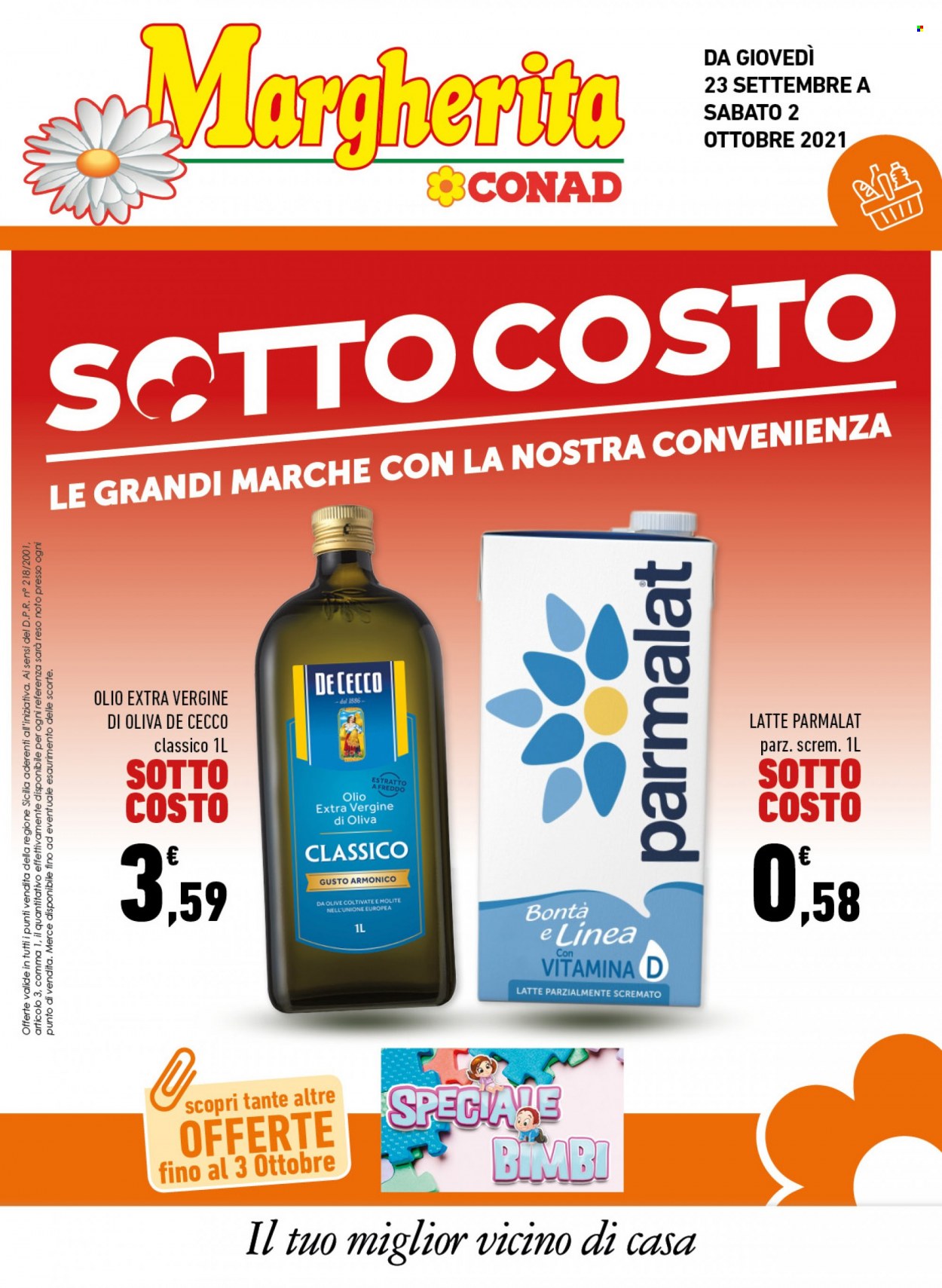 thumbnail - Volantino Conad - 23/9/2021 - 2/10/2021 - Prodotti in offerta - Parmalat, De Cecco, olive, olio, olio extra vergine di oliva. Pagina 1.