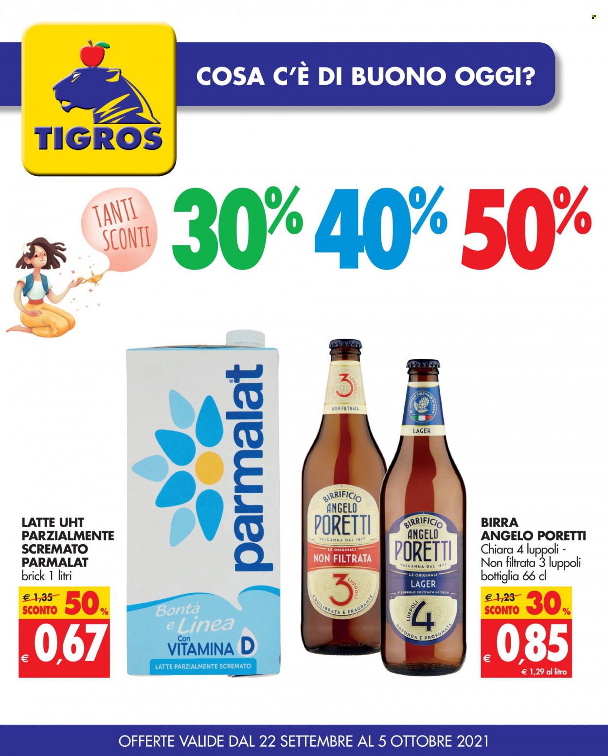 thumbnail - Volantino Tigros - 22/9/2021 - 5/10/2021 - Prodotti in offerta - Angelo Poretti, birra, birra tipo lager, Parmalat, latte. Pagina 1.