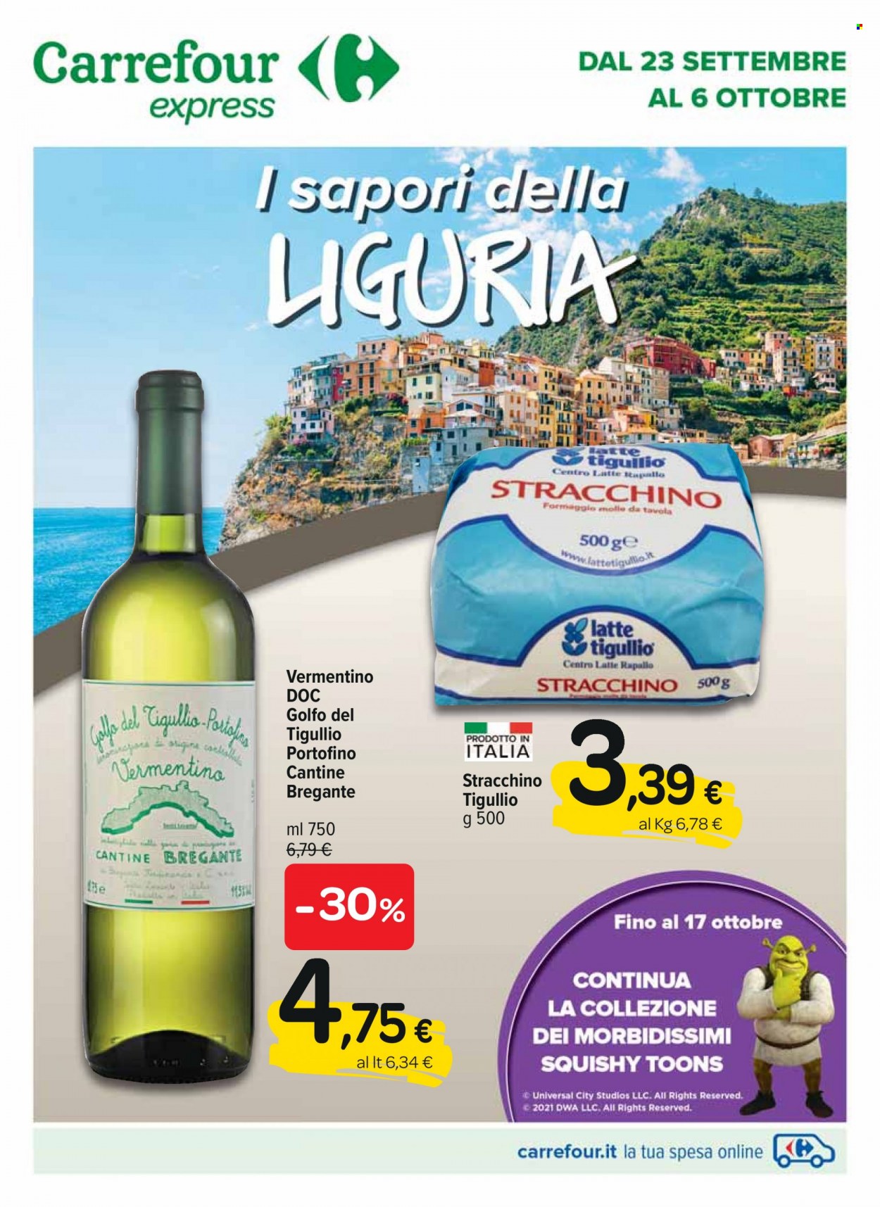 thumbnail - Volantino Carrefour - 23/9/2021 - 6/10/2021 - Prodotti in offerta - formaggio, stracchino, latte, vino bianco, vino, Vermentino. Pagina 1.