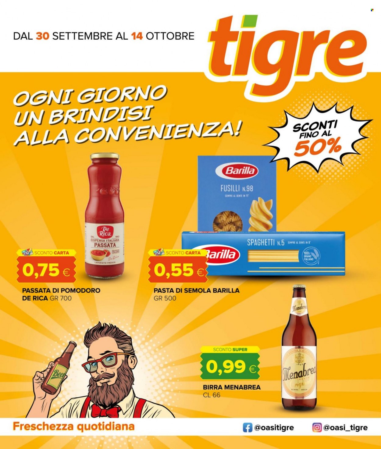 thumbnail - Volantino Tigre - 30/9/2021 - 14/10/2021 - Prodotti in offerta - birra, Barilla, passata di pomodoro, spaghetti, pasta, fusilli. Pagina 1.