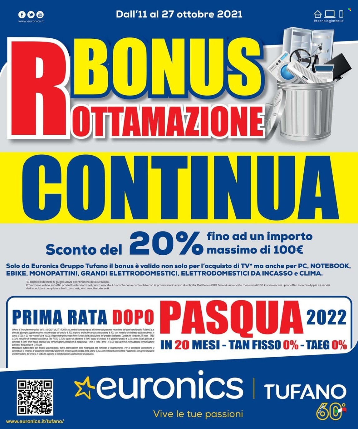 thumbnail - Volantino Euronics - 11/10/2021 - 27/10/2021 - Prodotti in offerta - notebook, televisore, bici elettrica. Pagina 1.