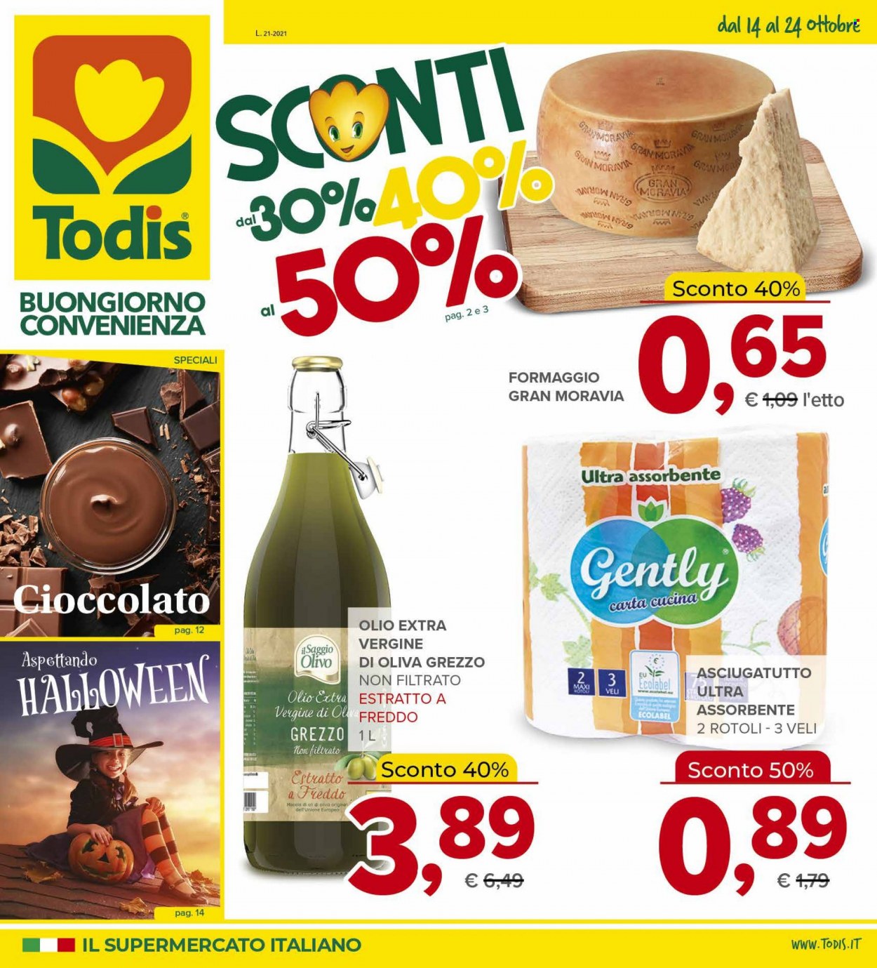 thumbnail - Volantino Todis - 14/10/2021 - 24/10/2021 - Prodotti in offerta - formaggio, cioccolato, olio, olio extra vergine di oliva, carta cucina. Pagina 1.