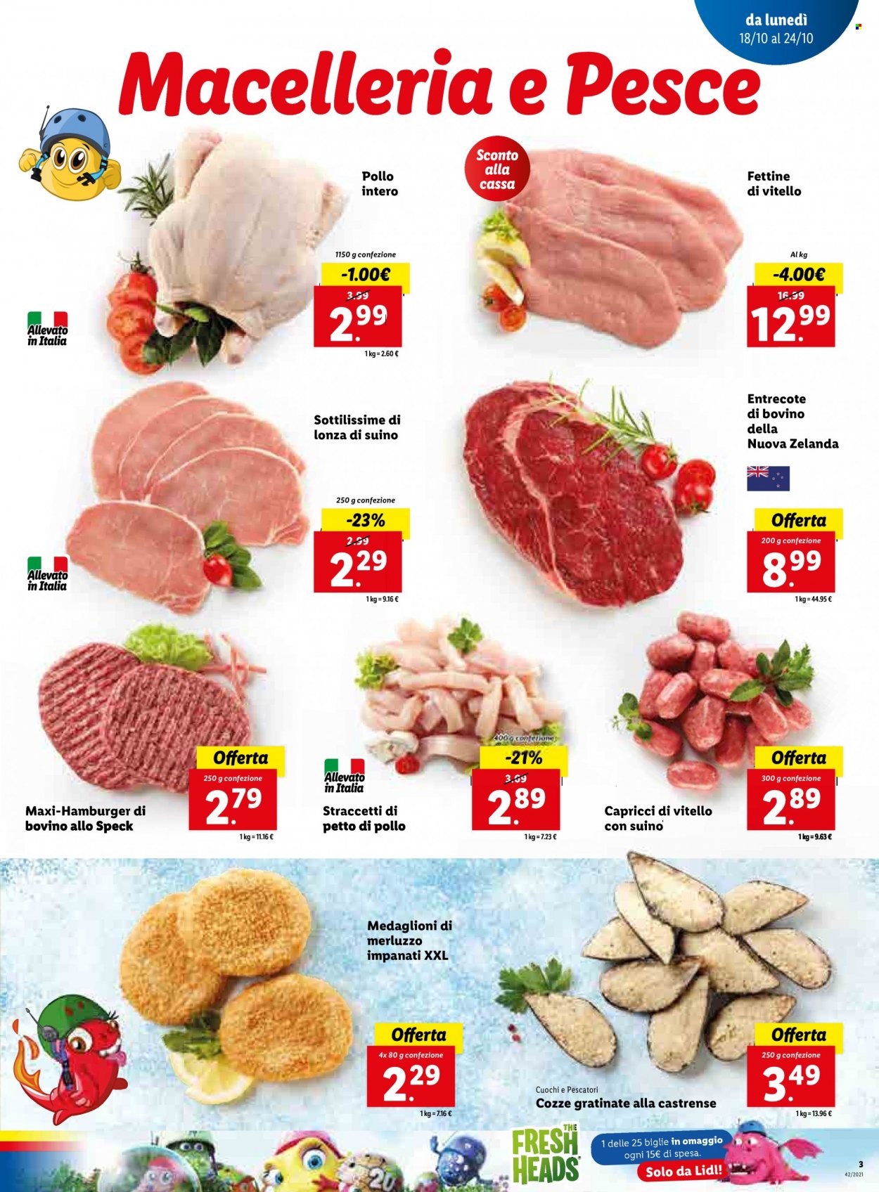 thumbnail - Volantino Lidl - 18/10/2021 - 24/10/2021 - Prodotti in offerta - pollo intero, entrecôte, hamburger, lonza di suino, cozze, merluzzo. Pagina 3.