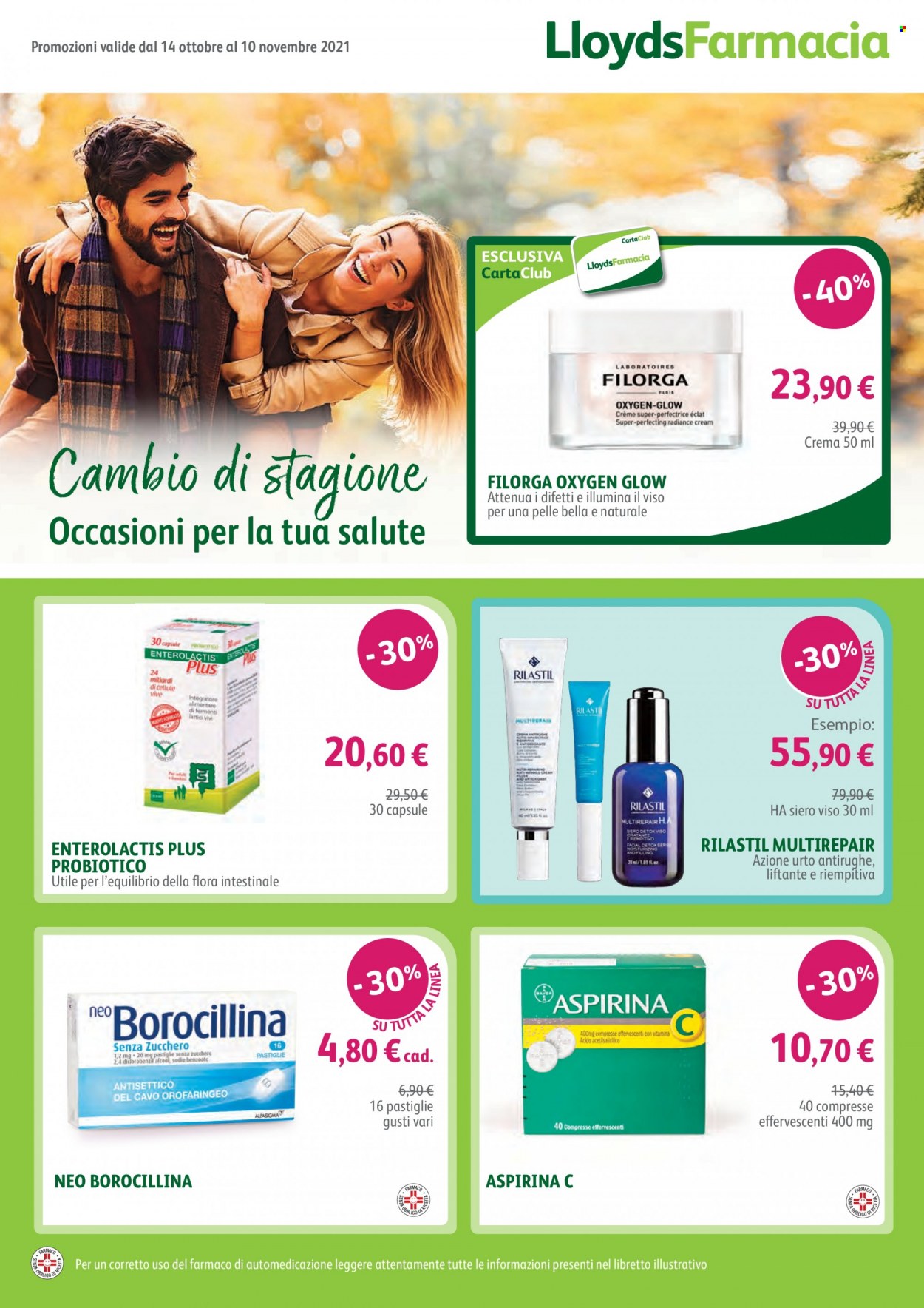 thumbnail - Volantino Lloyds Farmacia - 14/10/2021 - 10/11/2021 - Prodotti in offerta - Rilastil, Filorga, flora intestinale, Aspirina, Neo Borocillina. Pagina 1.