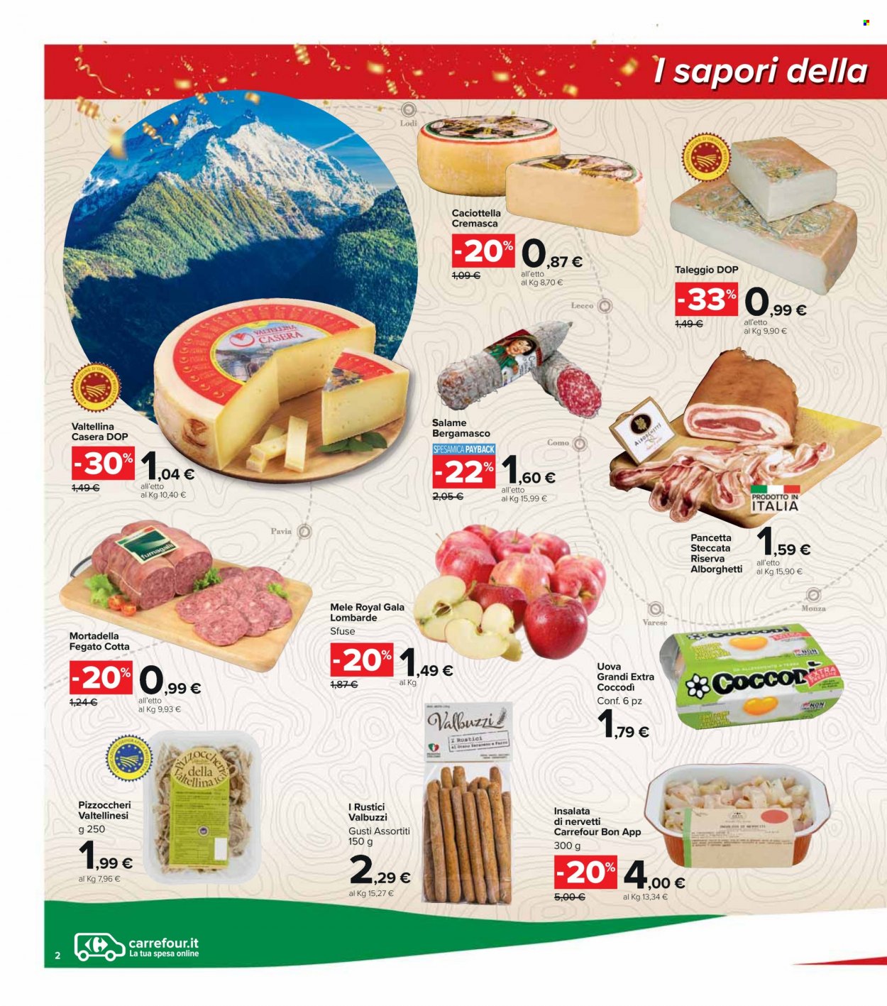 thumbnail - Volantino Carrefour - Prodotti in offerta - mele, fegato, salame, pancetta, mortadella, formaggio, taleggio, uova. Pagina 2.