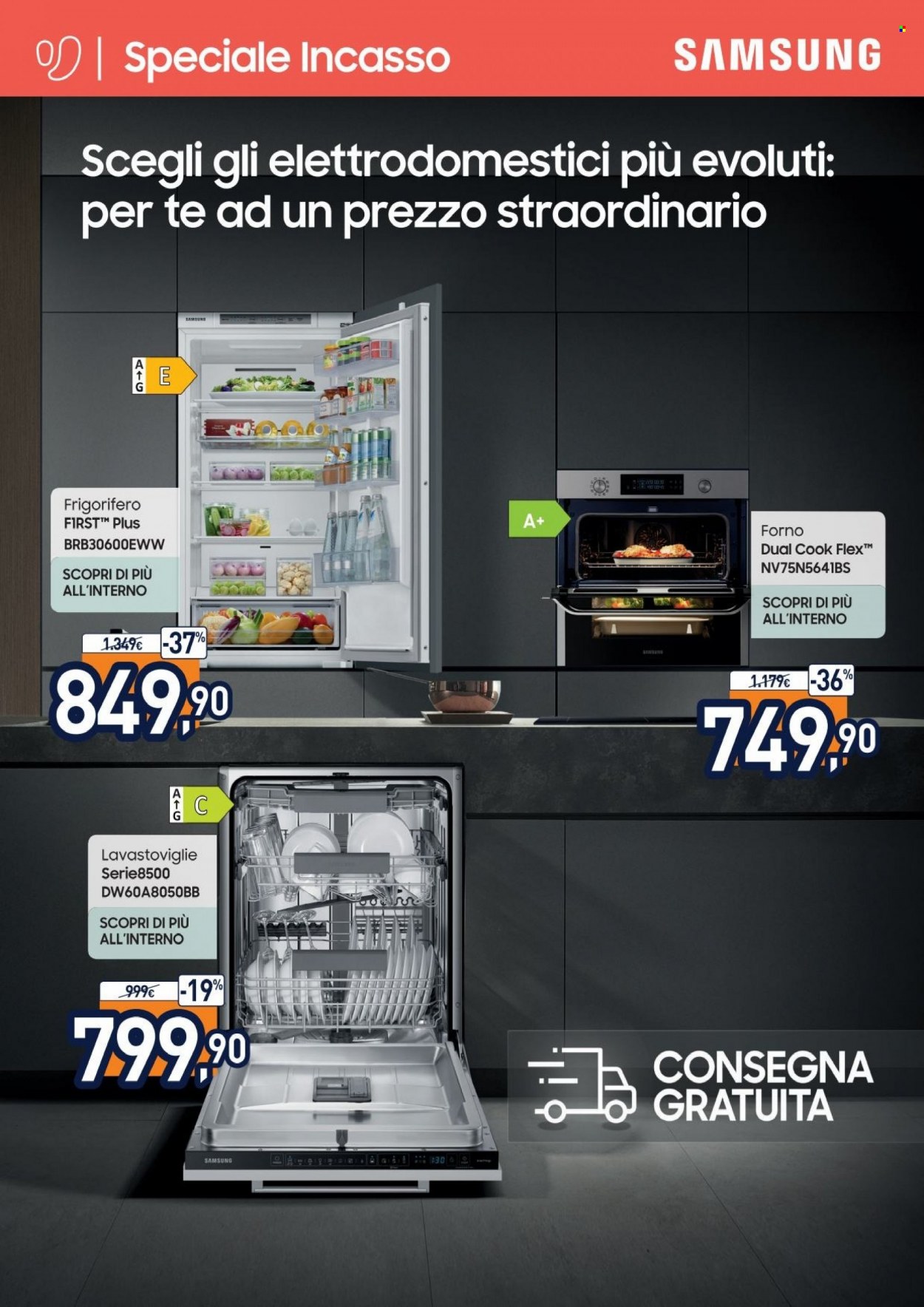 thumbnail - Volantino Unieuro - Prodotti in offerta - Samsung, frigorifero, forno, lavastoviglie. Pagina 1.