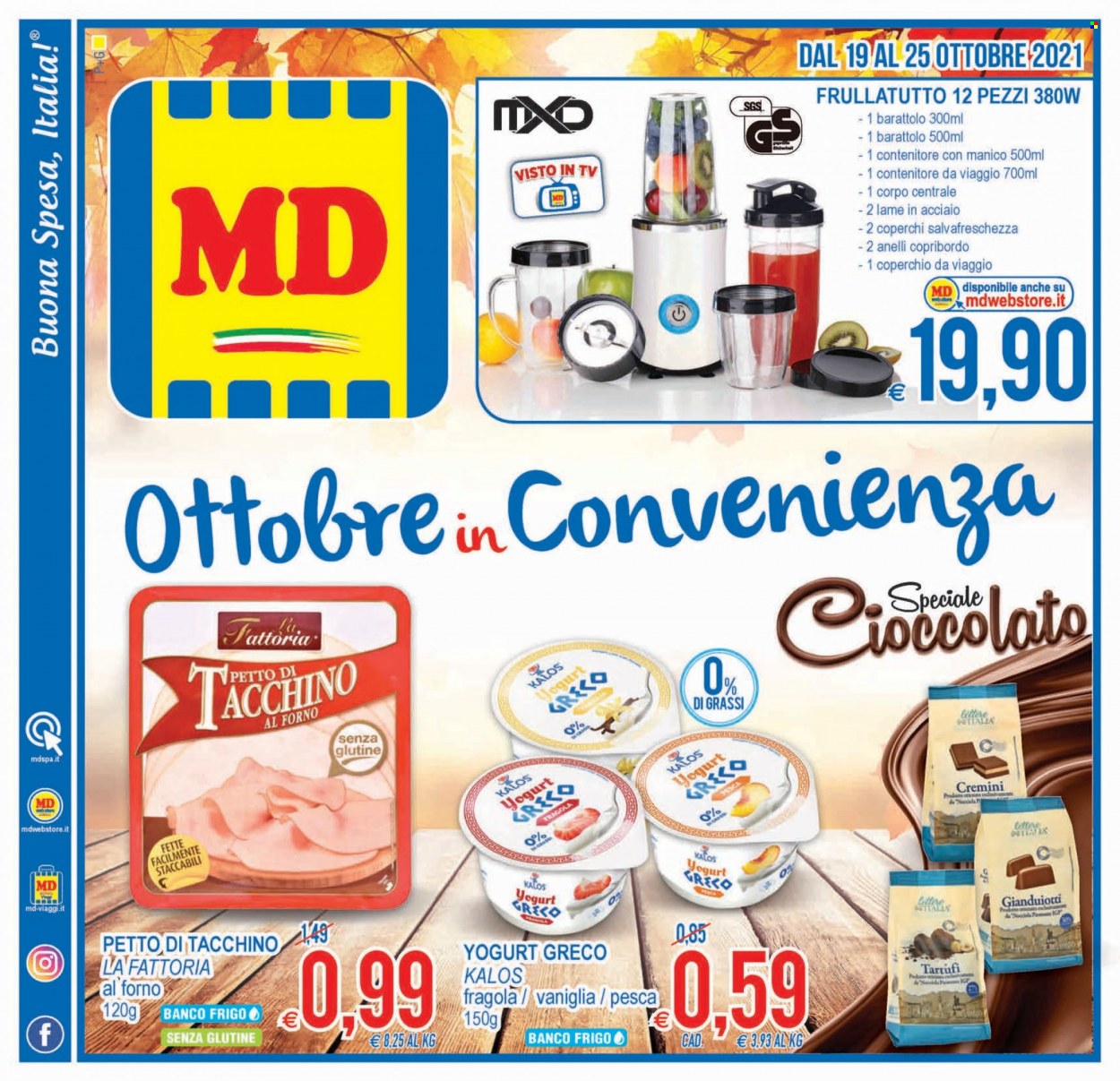 thumbnail - Volantino MD Discount - 19/10/2021 - 25/10/2021 - Prodotti in offerta - petto di tacchino, La Fattoria, yogurt, yogurt greco, barattolo, contenitore. Pagina 1.