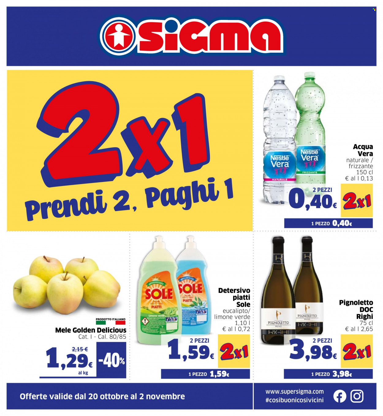 thumbnail - Volantino Sigma - 20/10/2021 - 2/11/2021 - Prodotti in offerta - Golden Delicious, Nestlé, vino, Pignoletto, detersivo, detergente per piatti. Pagina 1.