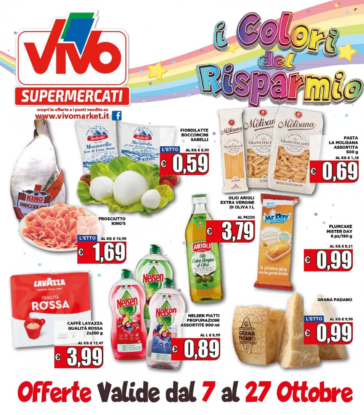 thumbnail - Volantino Supermercati VIVO - 7/10/2021 - 27/10/2021 - Prodotti in offerta - plumcake, prosciutto, formaggio, Fior di Latte, Grana Padano, pasta, penne, olio, caffè, Lavazza. Pagina 1.