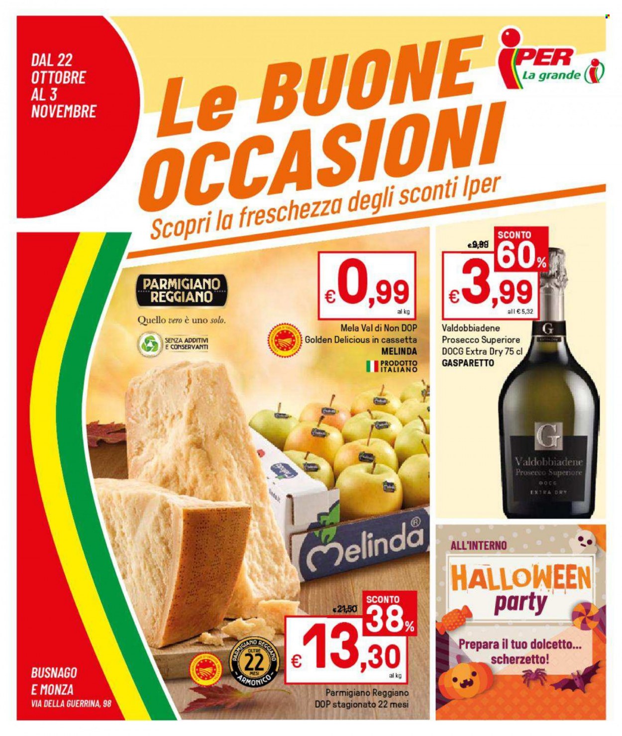 thumbnail - Volantino Iper, La grande i - 22/10/2021 - 3/11/2021 - Prodotti in offerta - Golden Delicious, formaggio, parmigiano, Valdobbiadene, Prosecco. Pagina 1.