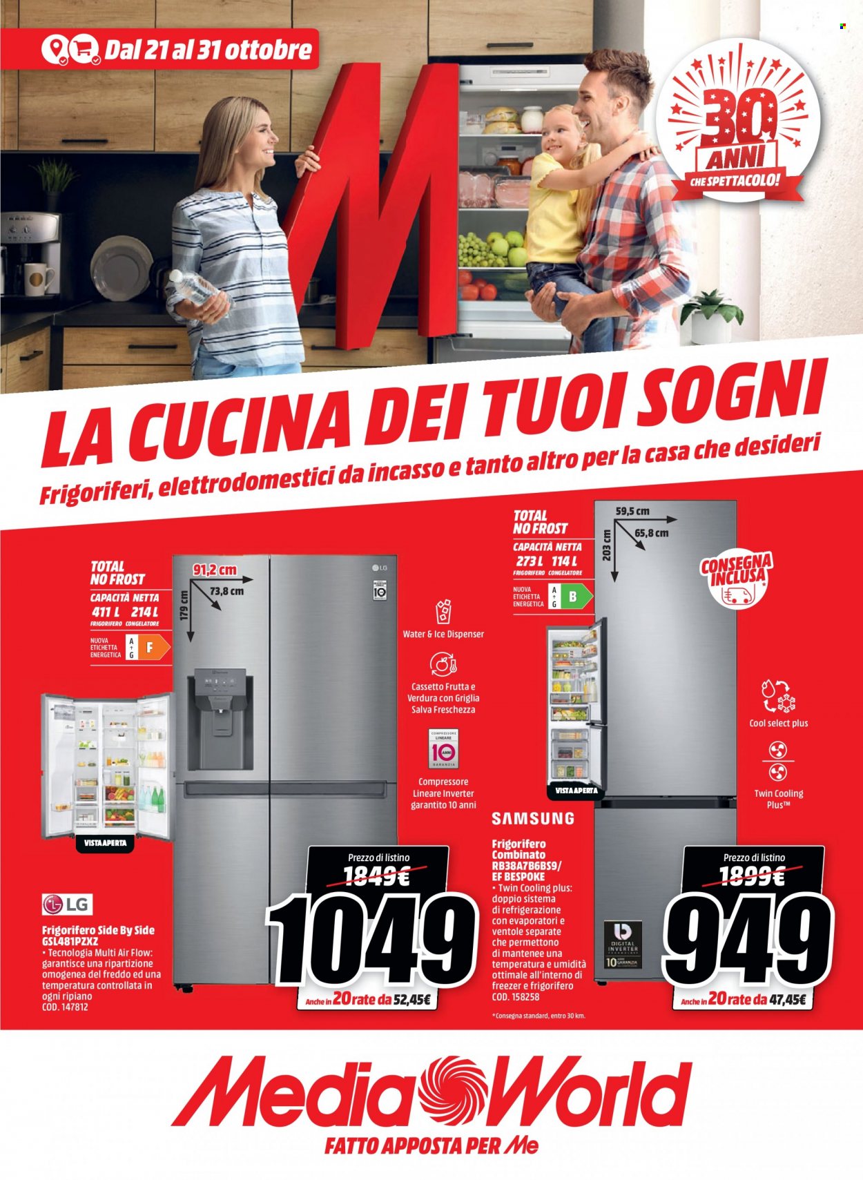 thumbnail - Volantino MediaWorld - 21/10/2021 - 31/10/2021 - Prodotti in offerta - frigorifero, frigorifero combinato, frigorifero due porte, congelatore. Pagina 1.