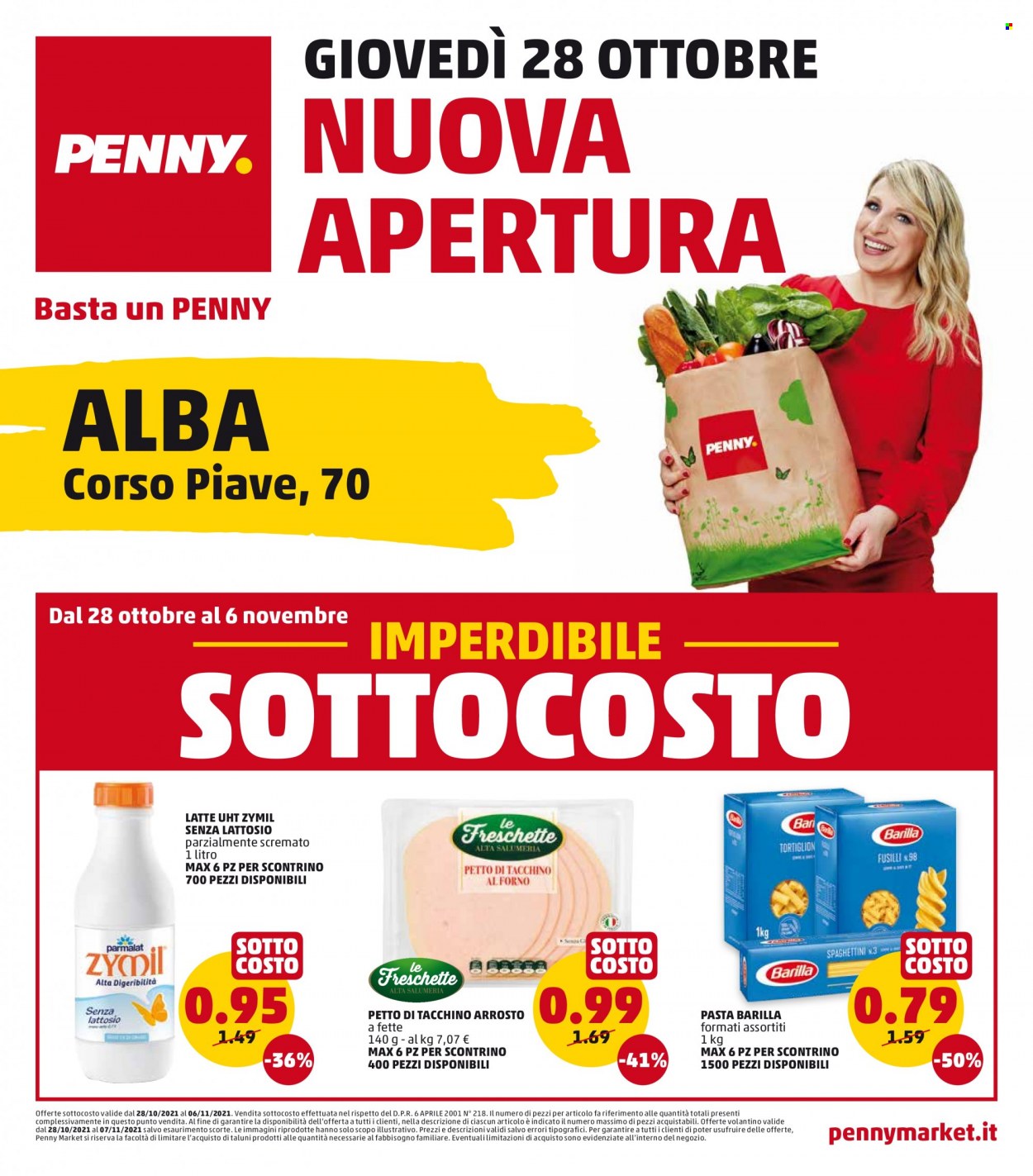 thumbnail - Volantino Penny Market - 28/10/2021 - 6/11/2021 - Prodotti in offerta - petto di tacchino, tacchino arrosto, Zymil, latte, Barilla, pasta. Pagina 1.