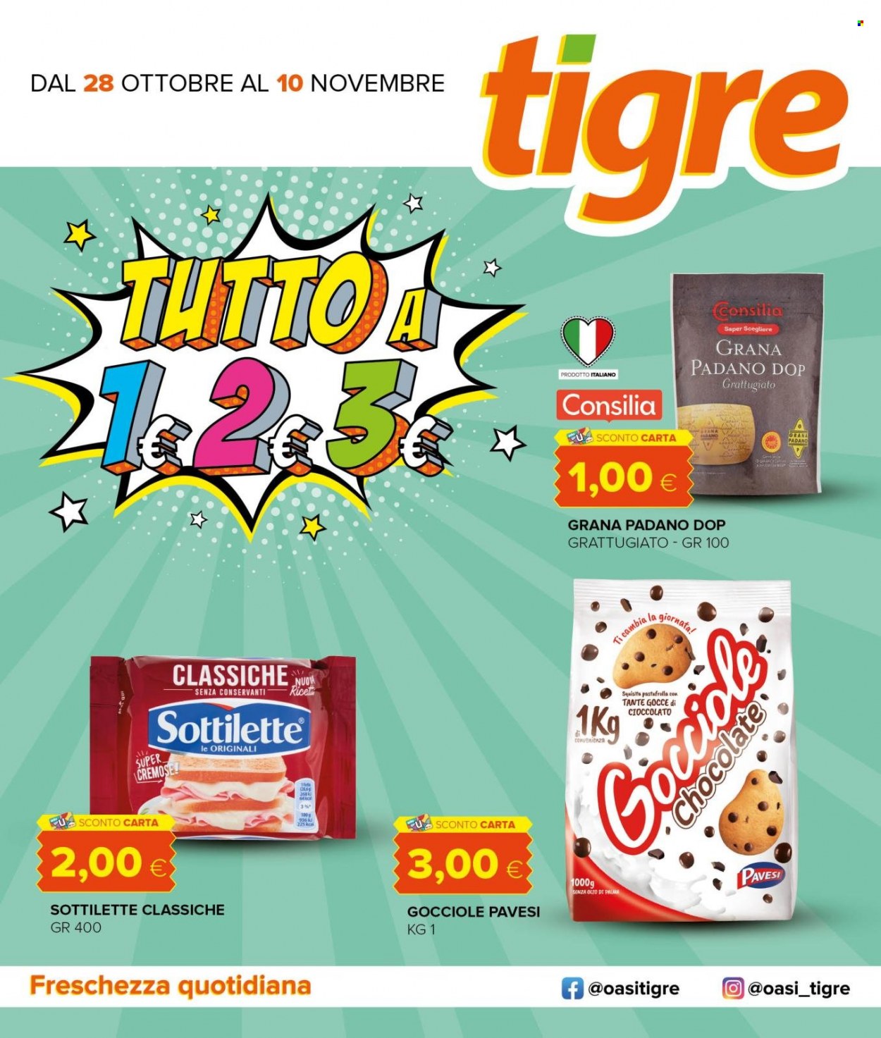 thumbnail - Volantino Tigre - 28/10/2021 - 10/11/2021 - Prodotti in offerta - formaggio, Sottilette, Grana Padano, Pavesi. Pagina 1.