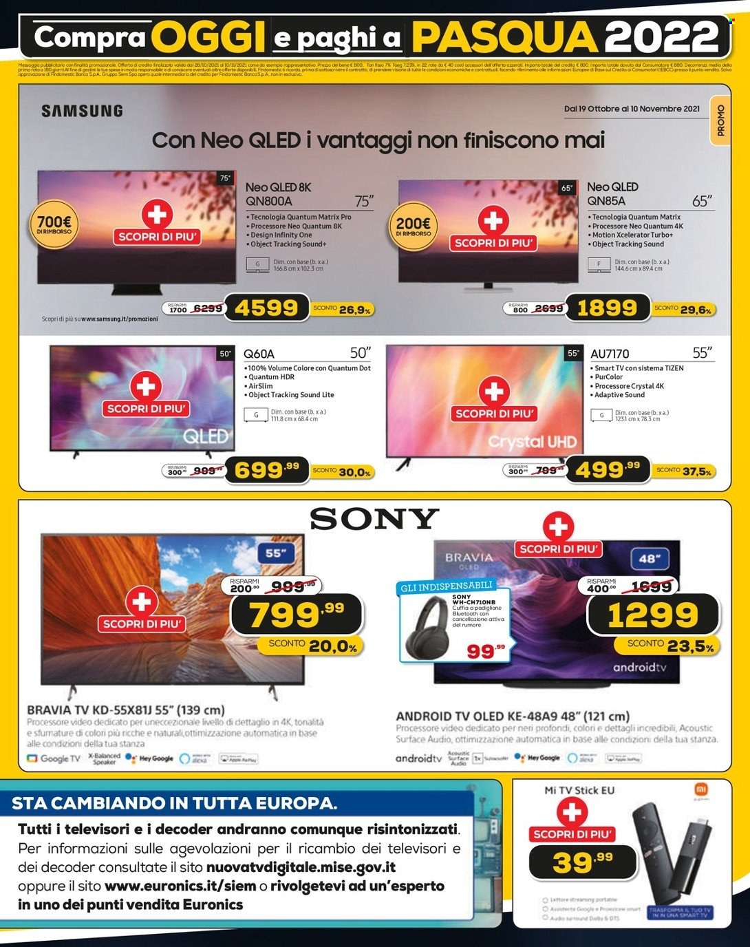 thumbnail - Volantino Euronics - 28/10/2021 - 10/11/2021 - Prodotti in offerta - Samsung, Sony, Android TV, Smart TV, televisore, decoder, TV Stick. Pagina 3.