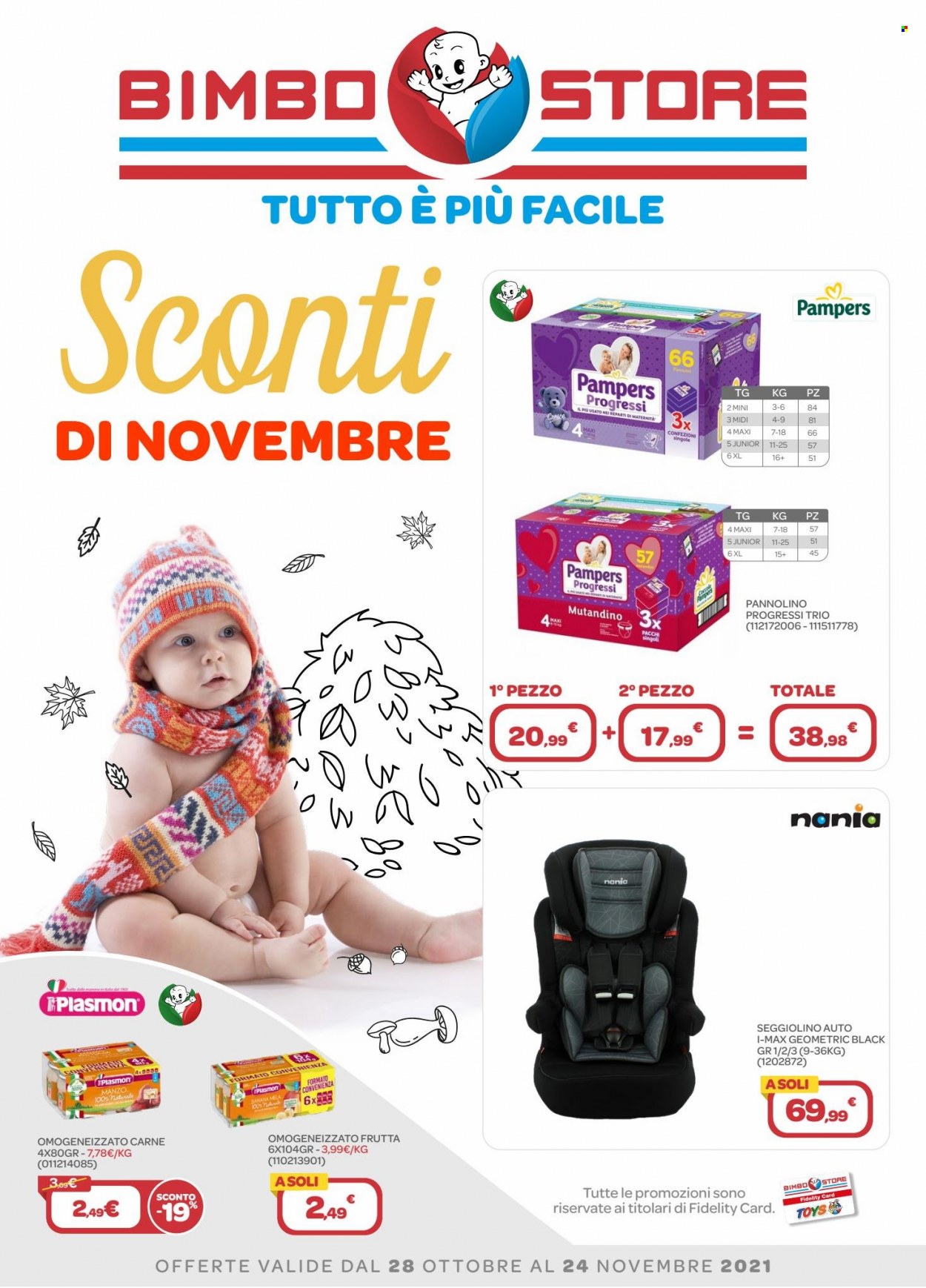 thumbnail - Volantino Bimbo Store - 28/10/2021 - 24/11/2021 - Prodotti in offerta - omogeneizzati, Plasmon, Pampers, seggiolino per auto. Pagina 1.
