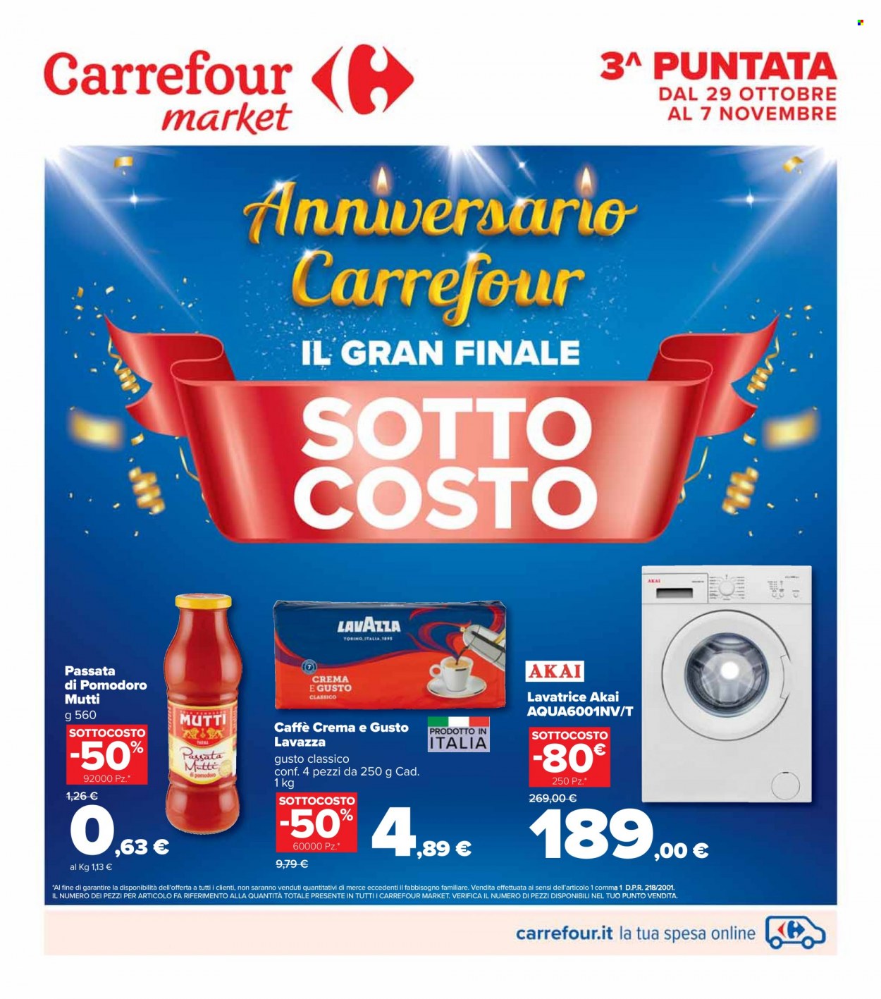 thumbnail - Volantino Carrefour - 29/10/2021 - 7/11/2021 - Prodotti in offerta - passata di pomodoro, Mutti, caffè, Lavazza, Akai, lavatrice. Pagina 1.