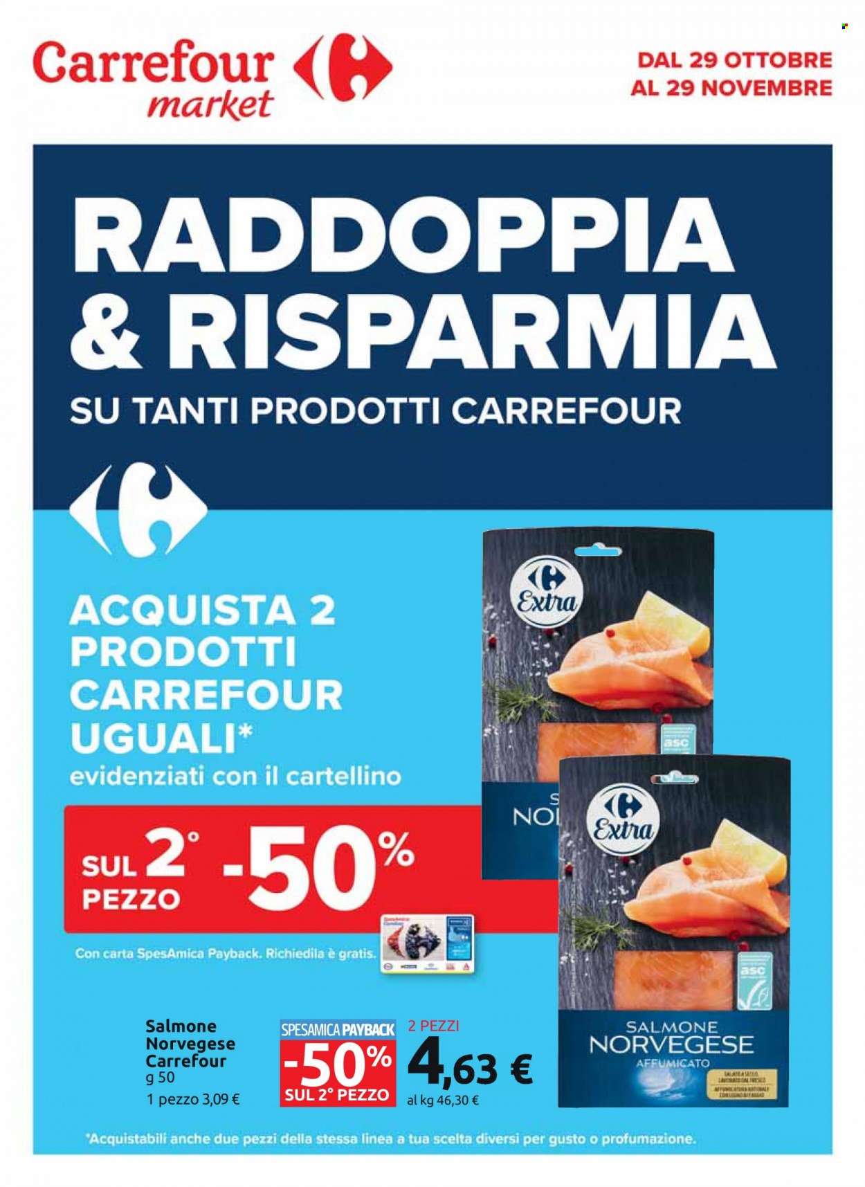 thumbnail - Volantino Carrefour - 29/10/2021 - 29/11/2021 - Prodotti in offerta - salmone, salmone affumicato, salmone norvegese affumicato. Pagina 1.