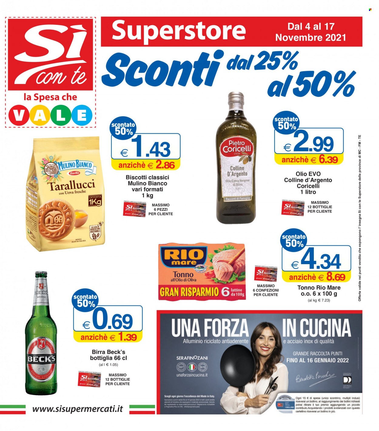 thumbnail - Volantino Si con te Superstore - 4/11/2021 - 17/11/2021 - Prodotti in offerta - Beck‘s, birra, Mulino Bianco, tonno, biscotti, Rio Mare, tonno sott'olio. Pagina 1.