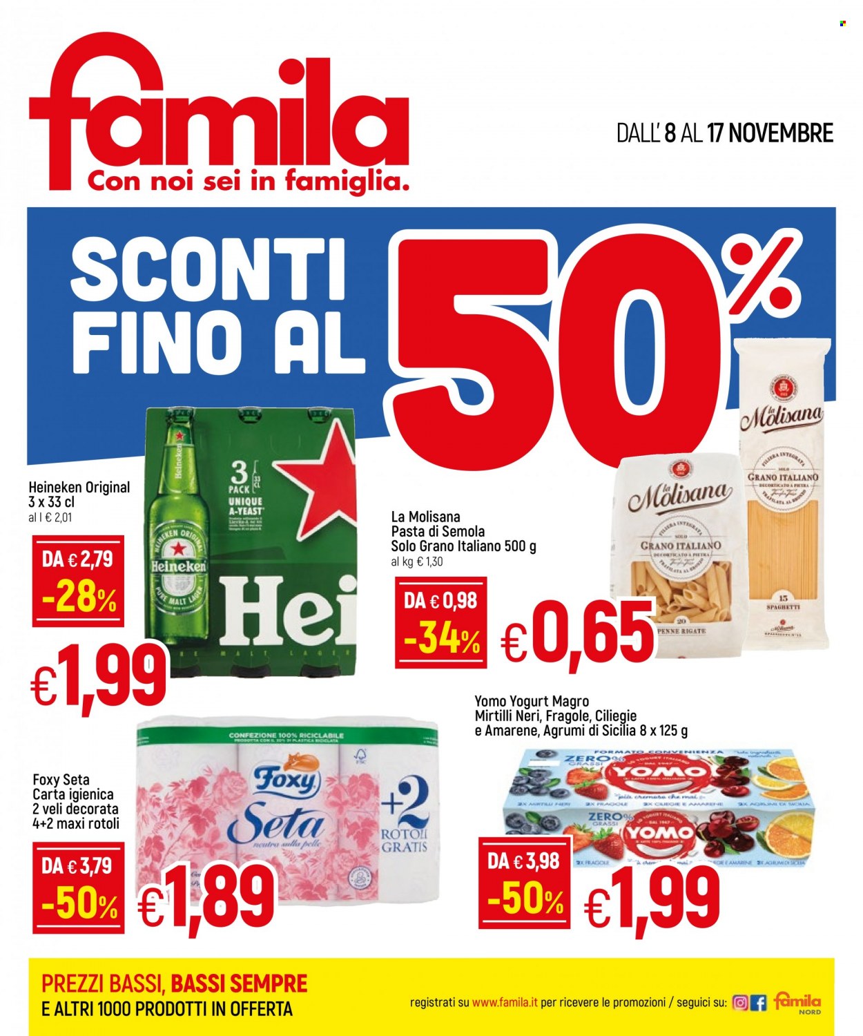 thumbnail - Volantino Famila - 8/11/2021 - 17/11/2021 - Prodotti in offerta - Heineken, birra, yogurt, Yomo, spaghetti, pasta, penne, carta igienica, Foxy. Pagina 1.