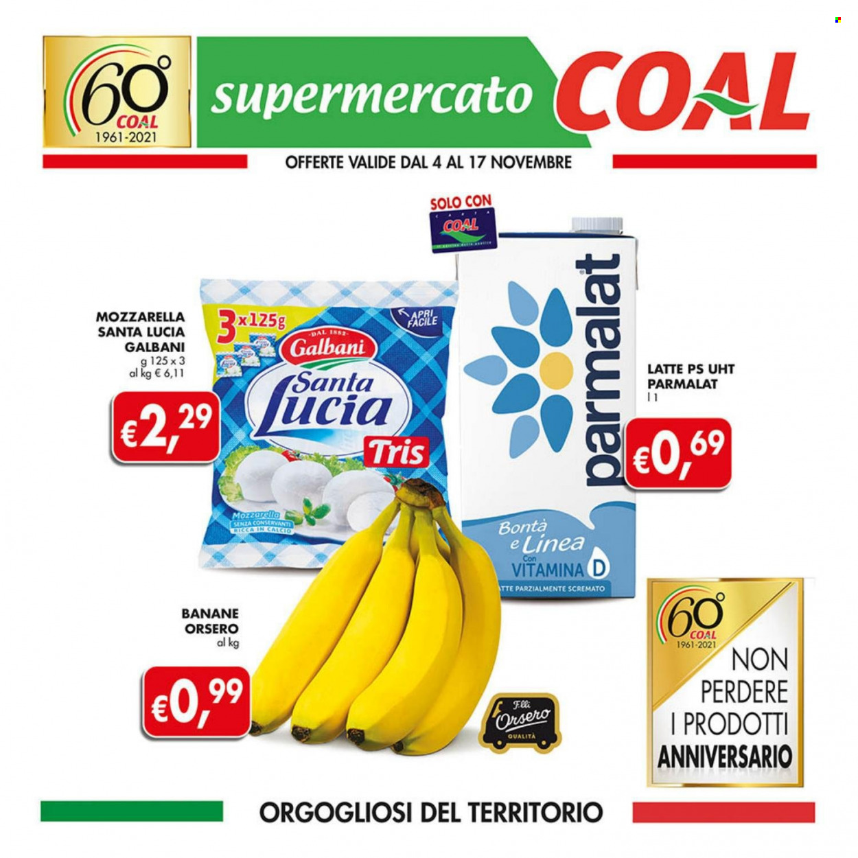 thumbnail - Volantino COAL - 4/11/2021 - 17/11/2021 - Prodotti in offerta - banane, Galbani, formaggio, mozzarella, Parmalat, latte. Pagina 1.