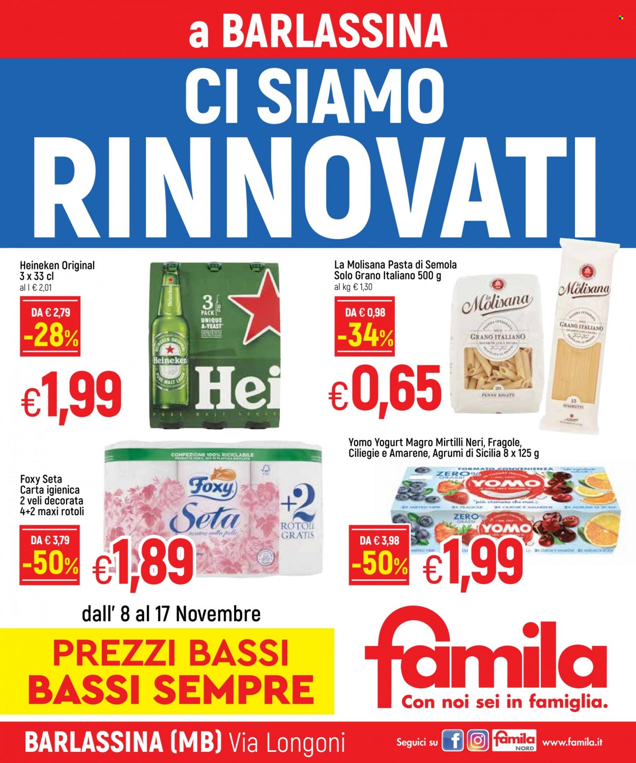 thumbnail - Volantino Famila - 8/11/2021 - 17/11/2021 - Prodotti in offerta - Heineken, birra, yogurt, Yomo, pasta, penne, carta igienica, Foxy. Pagina 1.